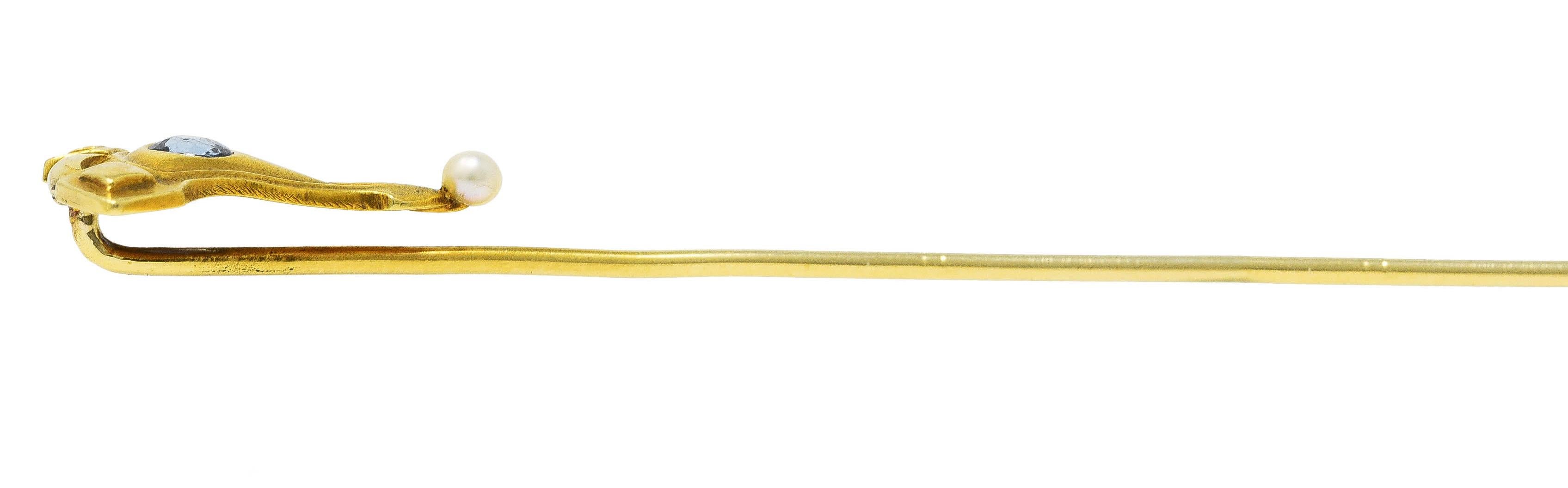 Art Nouveau Hagerstrom Sapphire Pearl 14 Karat Yellow Gold Greek Shield Stickpin 2
