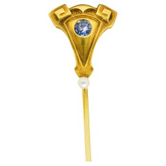 Art Nouveau Hagerstrom Sapphire Pearl 14 Karat Yellow Gold Greek Shield Stickpin