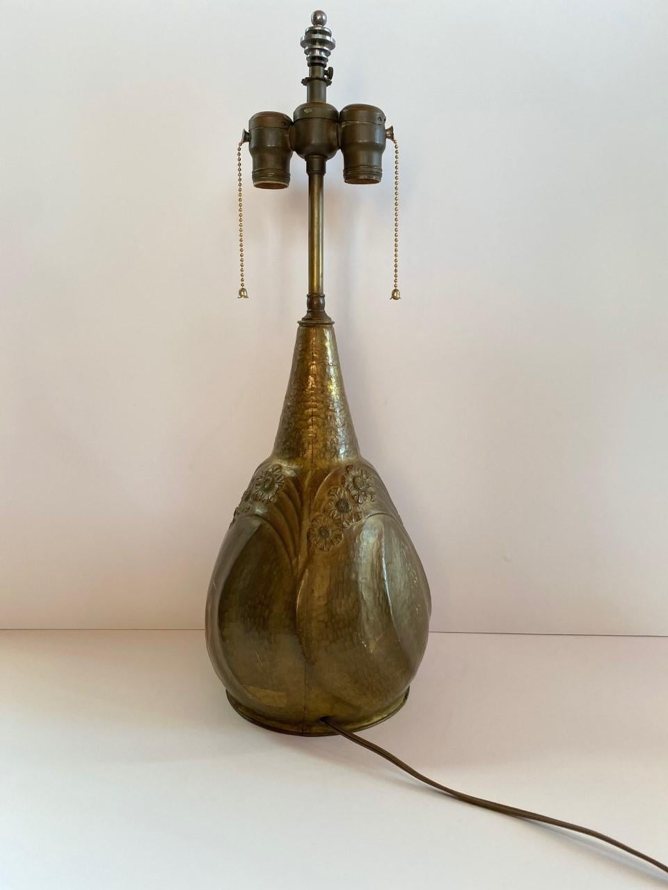Art Nouveau Hammered Pewter Gourd Lamp by Leon Provins, Belgium In Good Condition For Sale In San Diego, CA