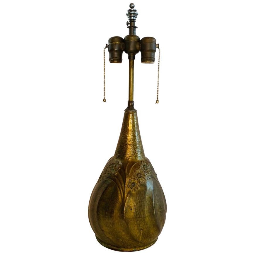 Art Nouveau Hammered Pewter Gourd Lamp by Leon Provins, Belgium For Sale