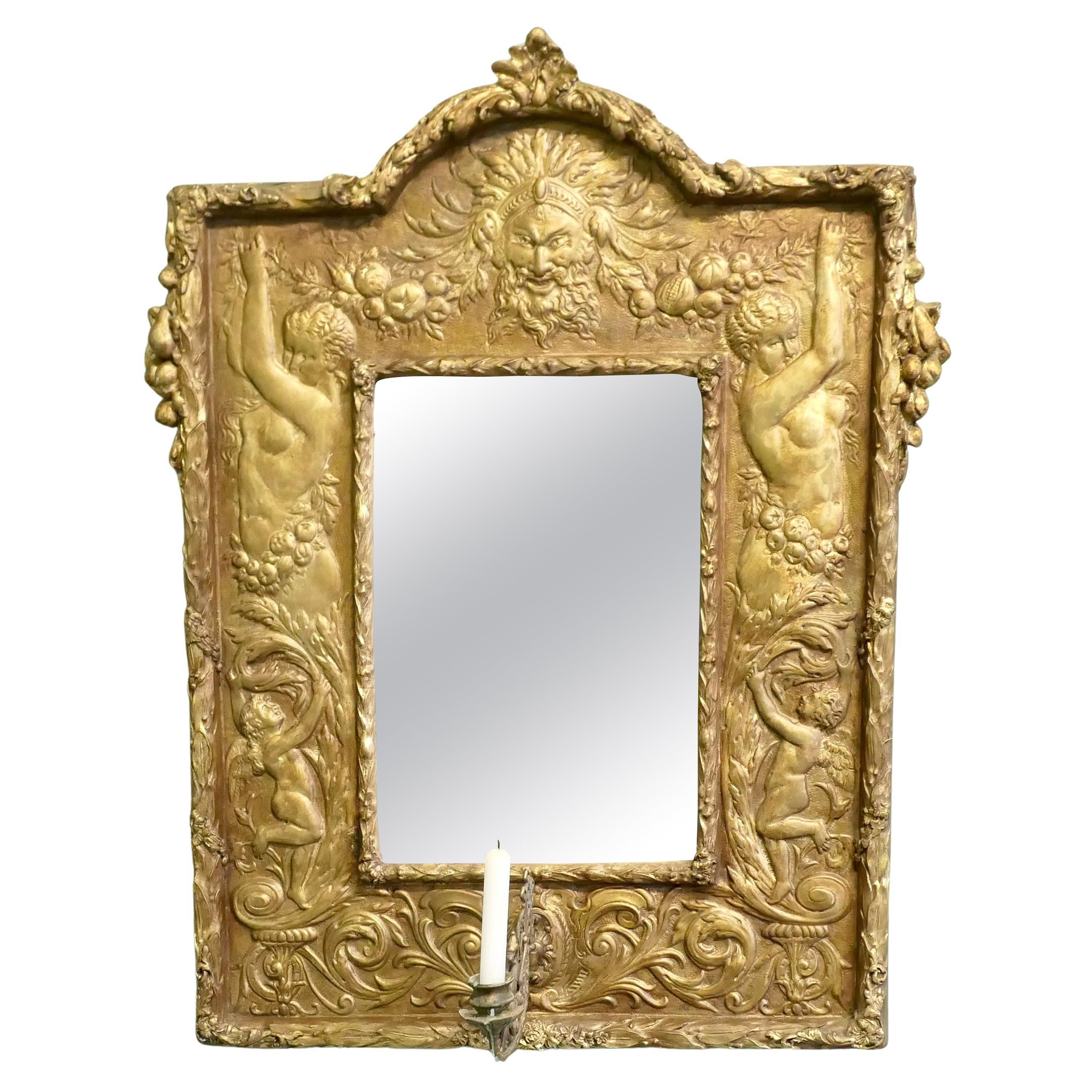 Miroir Art Nouveau en laiton battu à la main, Girandole Bacchus et Nymphes en vente