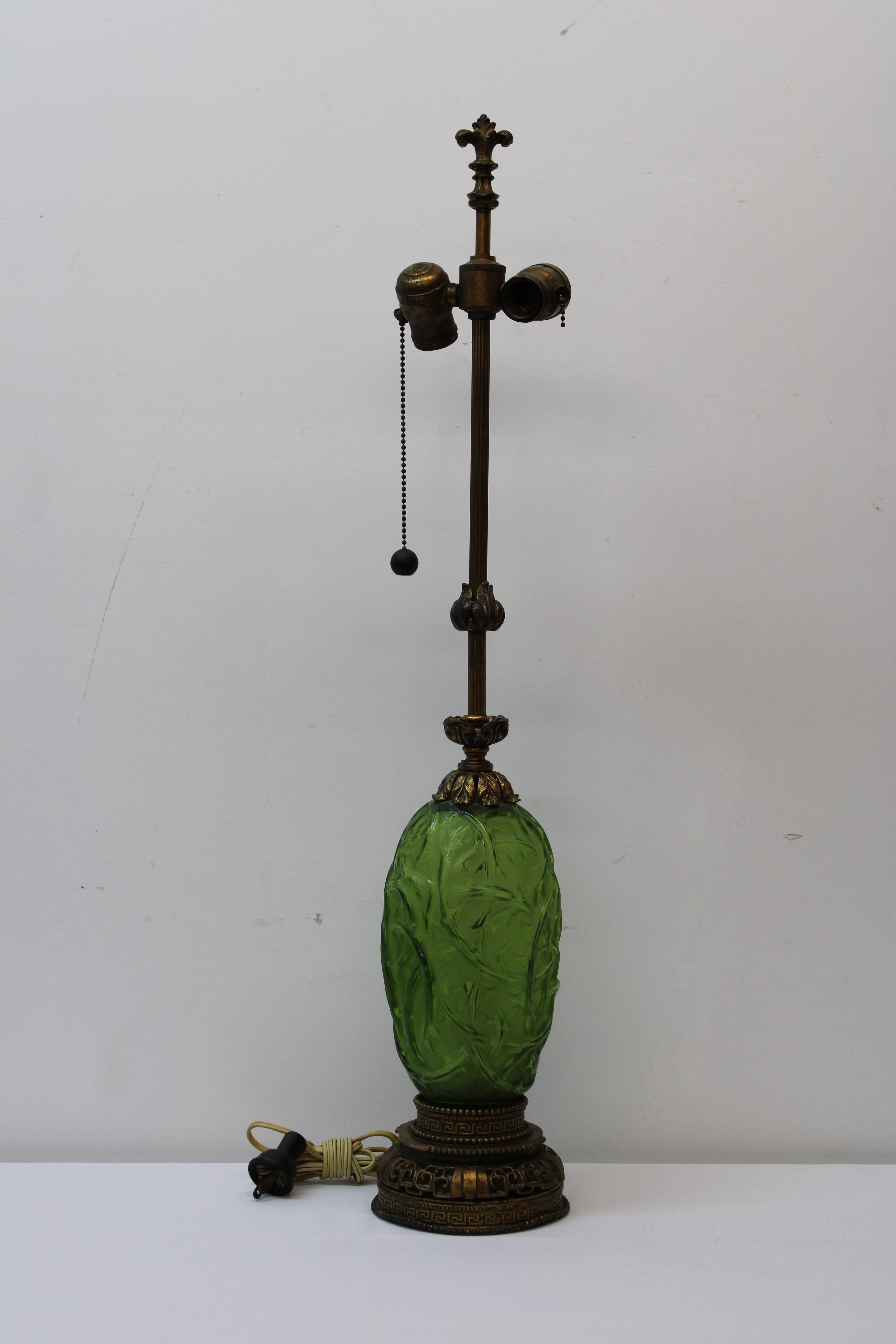 20th Century Art Nouveau Hand Blown Glass & Brass Table Lamp For Sale