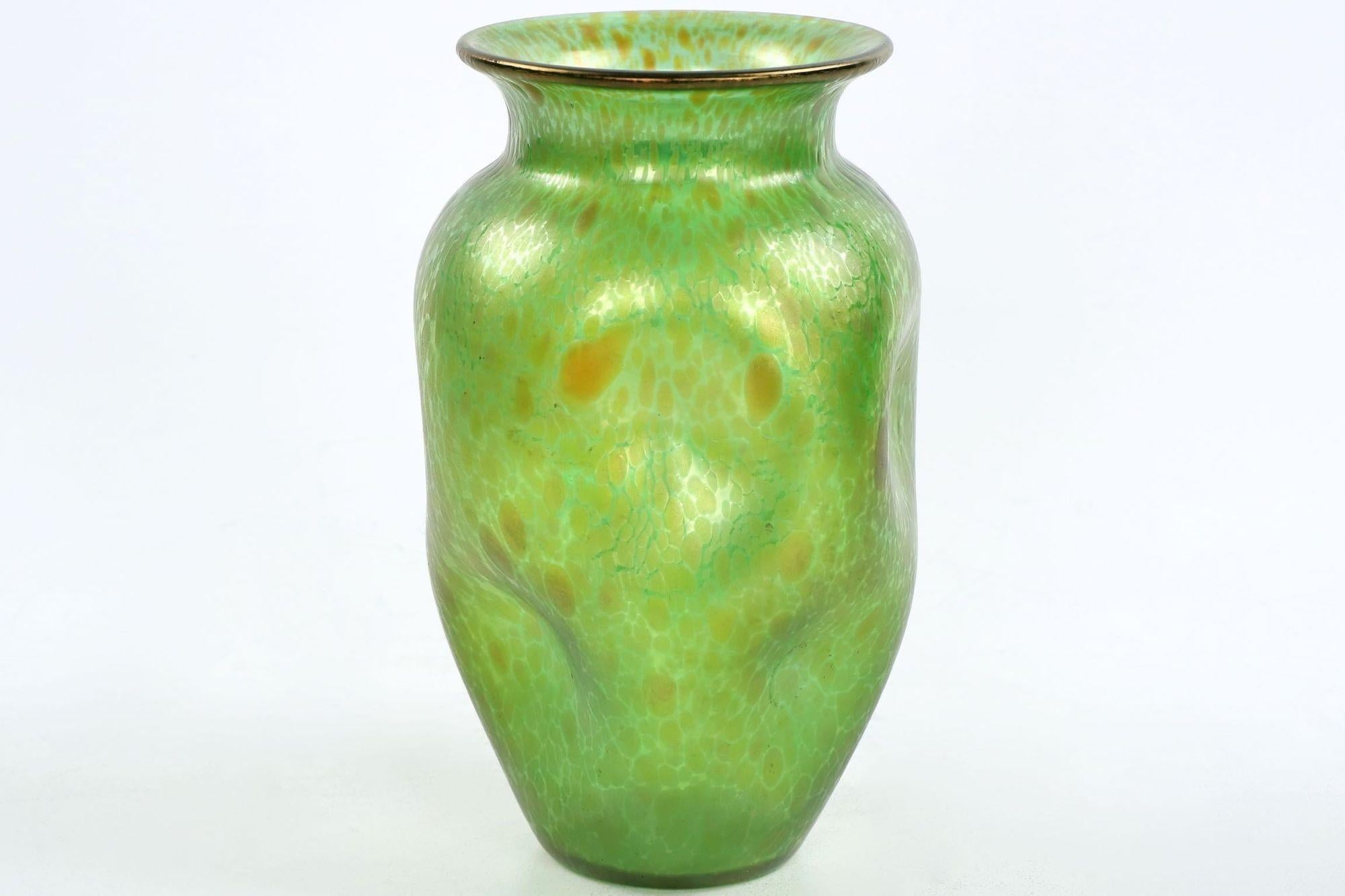 Czech Art Nouveau Hand Blown Green Iridescent Art Glass Vase