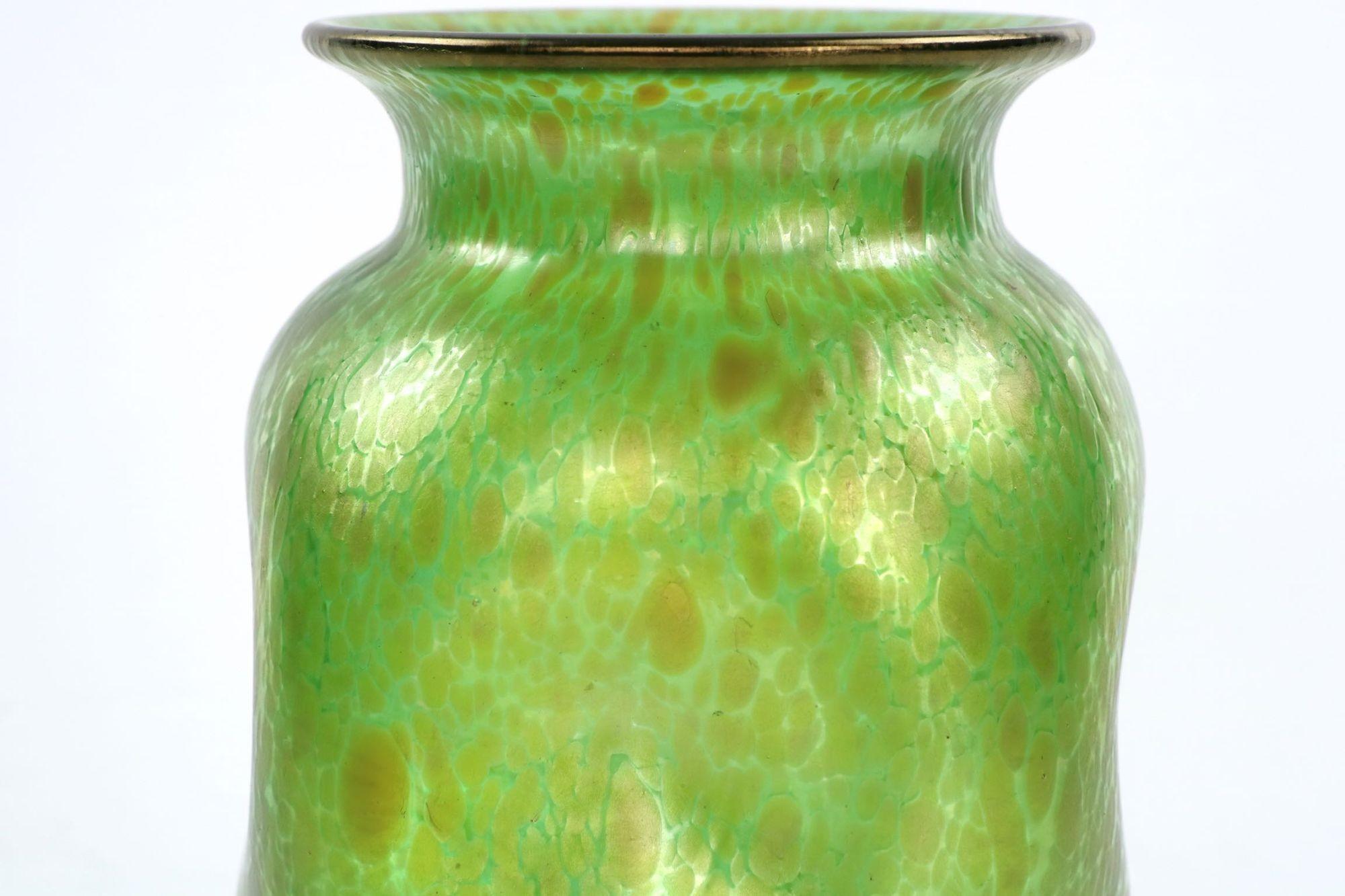 20th Century Art Nouveau Hand Blown Green Iridescent Art Glass Vase