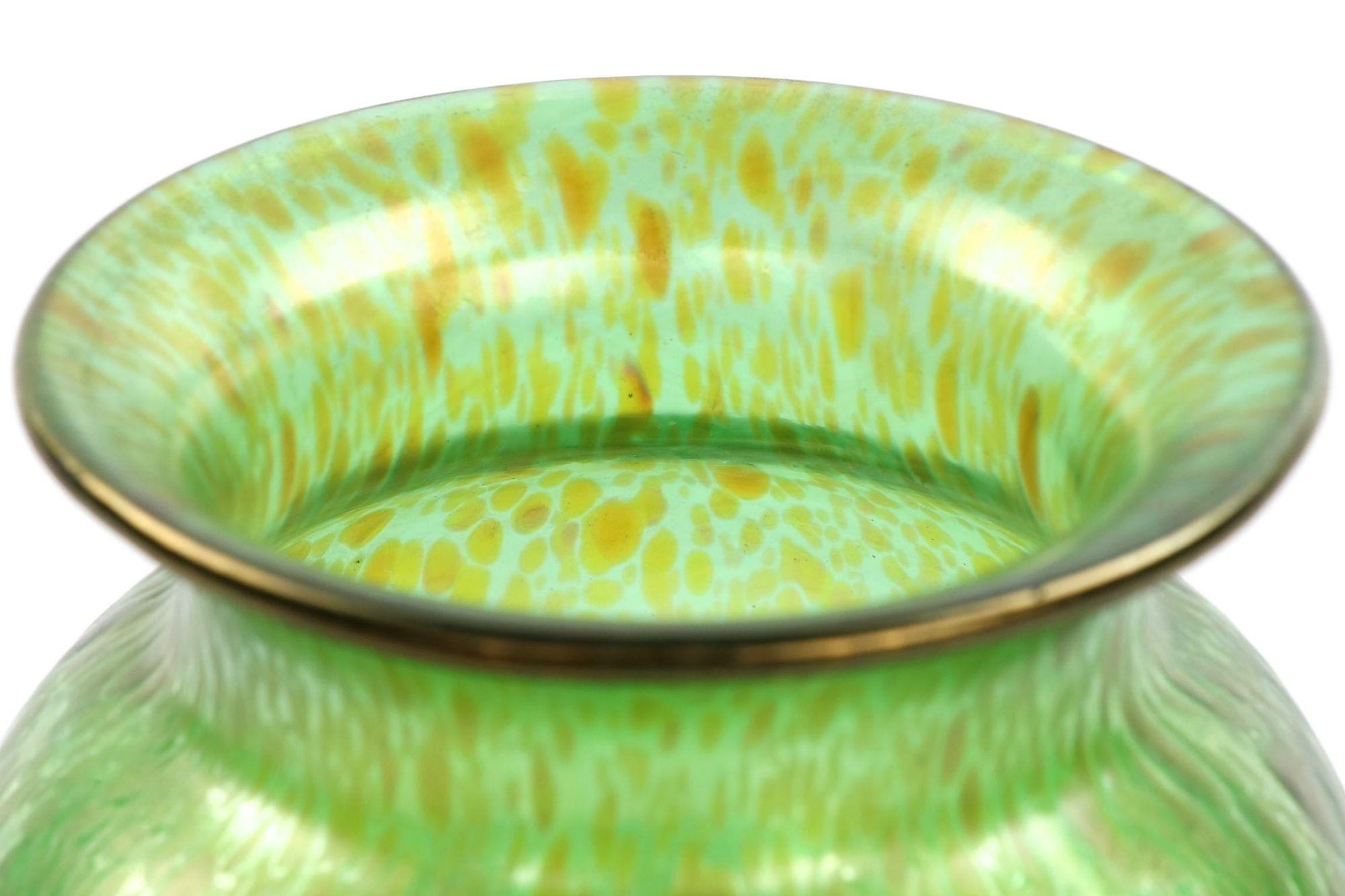 Art Nouveau Hand Blown Green Iridescent Art Glass Vase 1