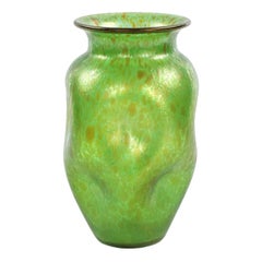 Antique Art Nouveau Hand Blown Green Iridescent Art Glass Vase
