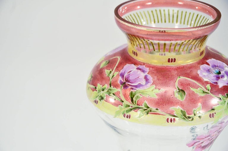 Art Nouveau Hand Blown Vase with Transparent Enamel Hand Painted