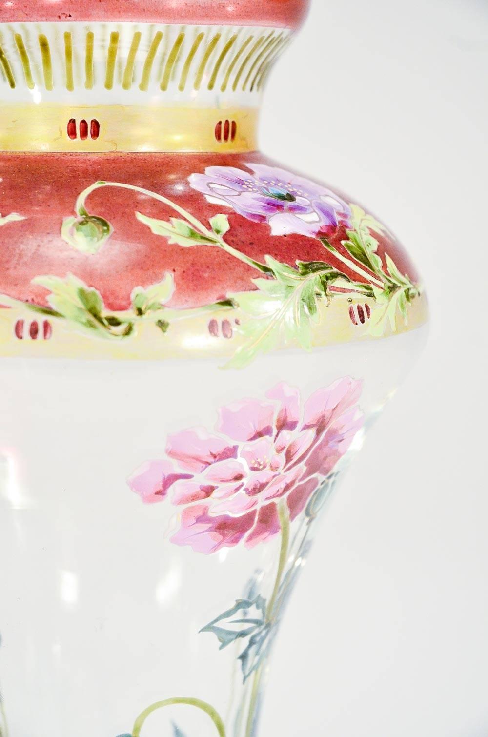 Enameled Art Nouveau Hand Blown Vase with Transparent Enamel Hand Painted Poppies For Sale