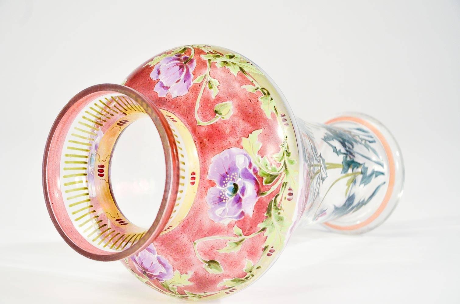 Glass Art Nouveau Hand Blown Vase with Transparent Enamel Hand Painted Poppies For Sale