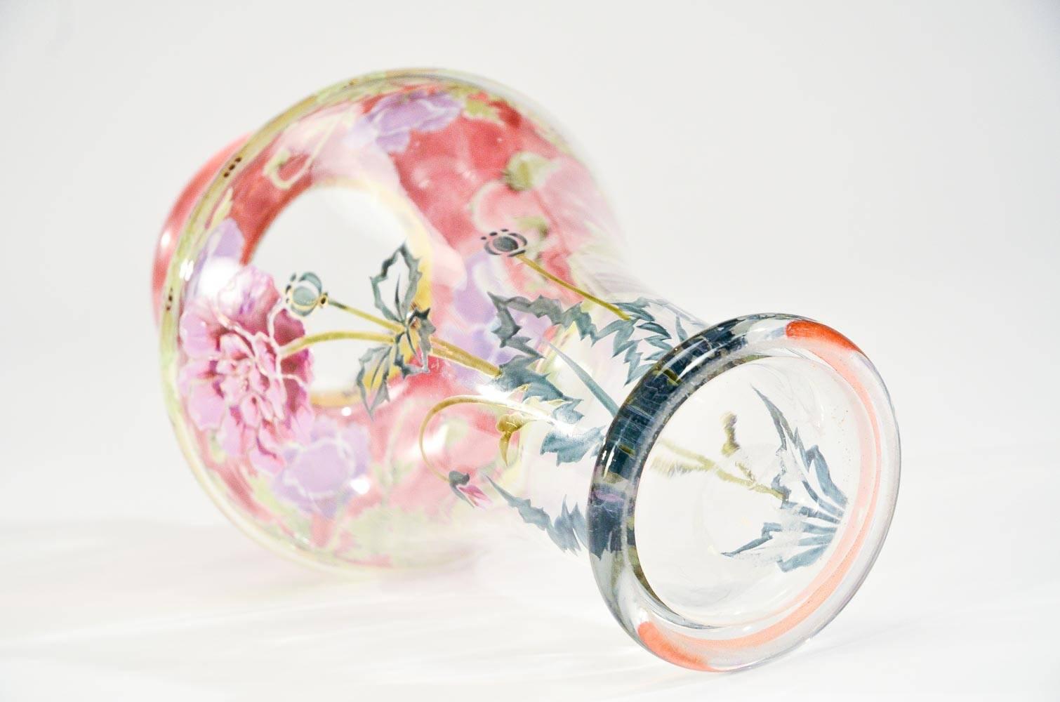 Verre Vase soufflé à la main Art Nouveau avec peupliers en émail transparent peints à la main en vente