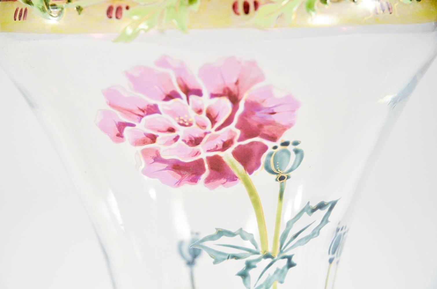 Art Nouveau Hand Blown Vase with Transparent Enamel Hand Painted Poppies For Sale 2