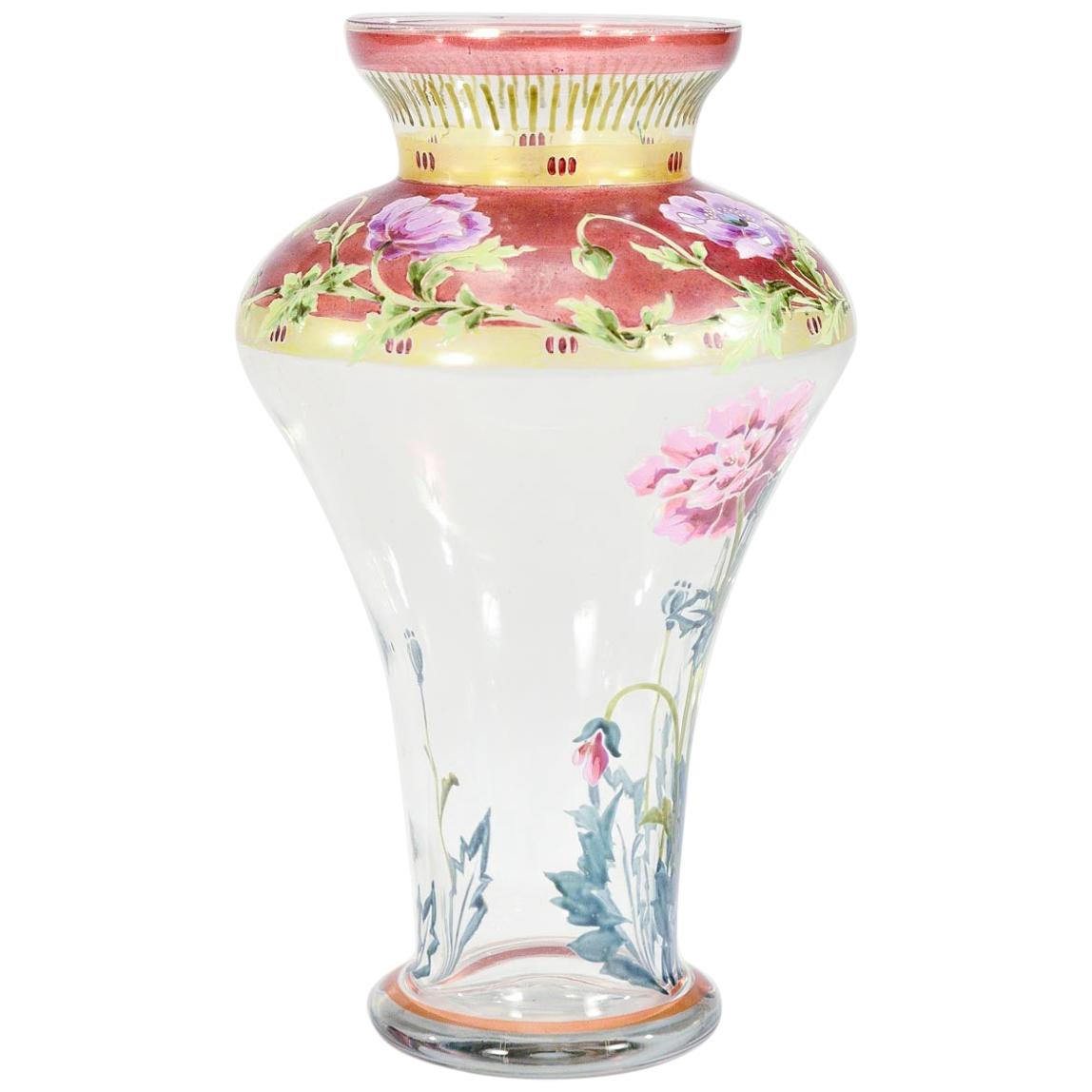 Art Nouveau Hand Blown Vase with Transparent Enamel Hand Painted Poppies For Sale