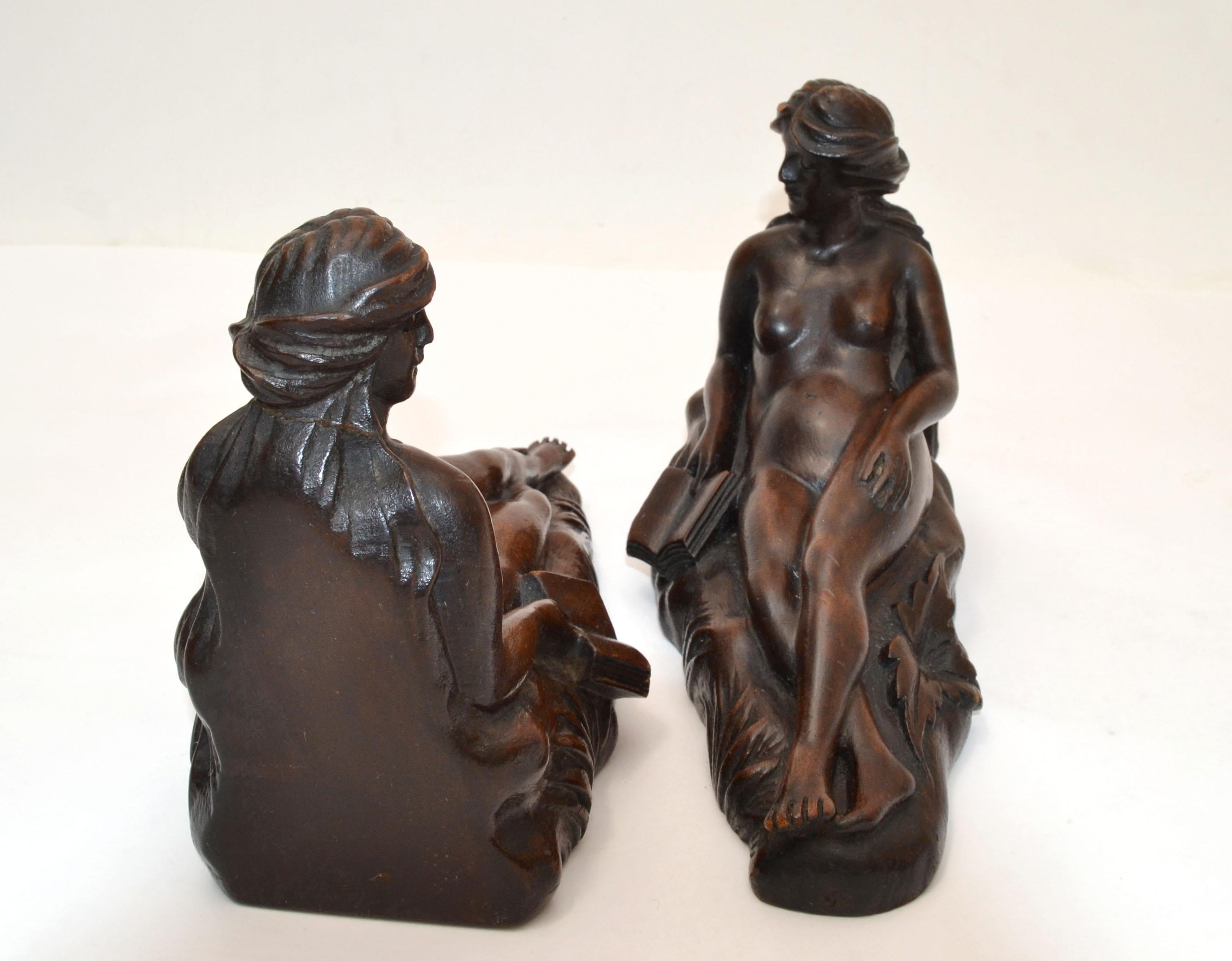 Art Nouveau Hand Carved Oak Wood Bookends depicting Reading Female Nude 1940 3