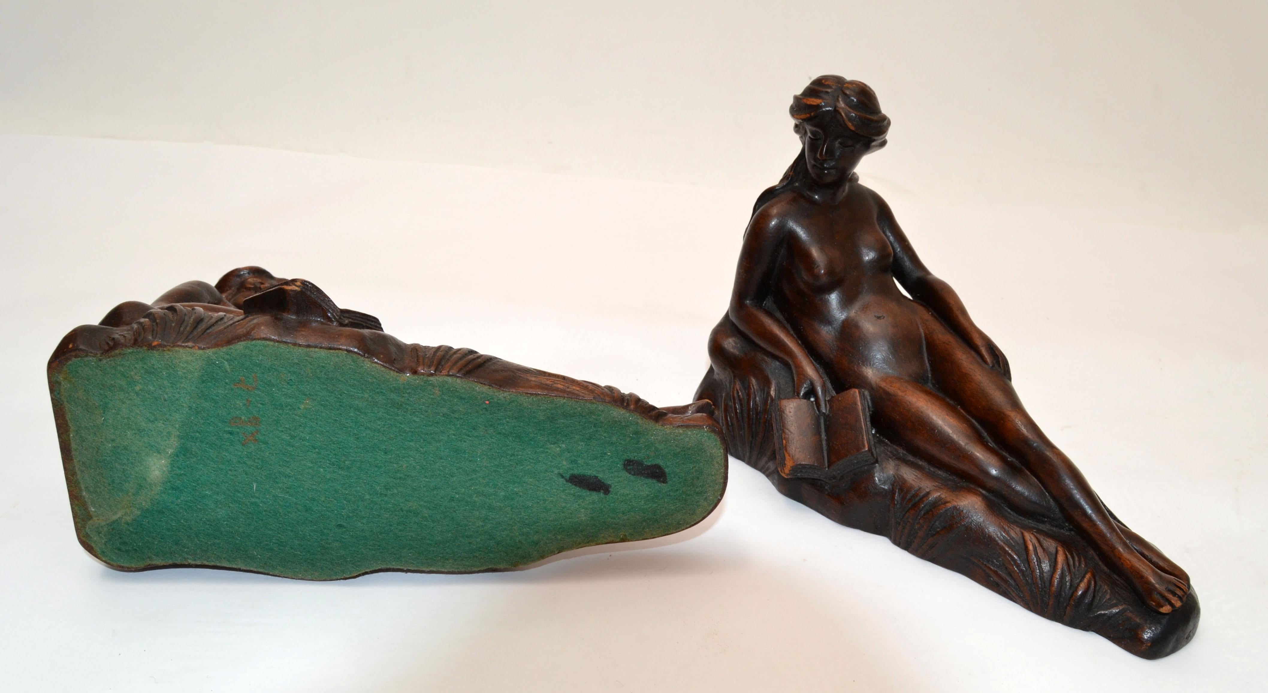 Art Nouveau Hand Carved Oak Wood Bookends depicting Reading Female Nude 1940 4