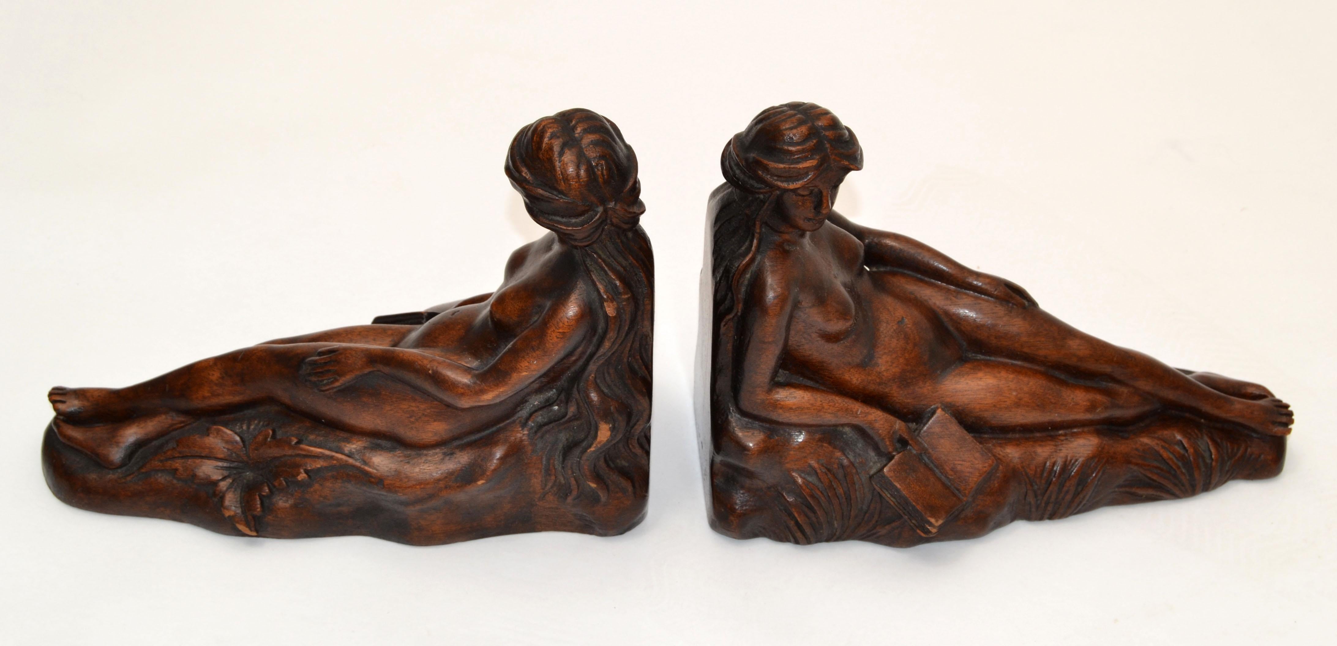 Art Nouveau Hand Carved Oak Wood Bookends depicting Reading Female Nude 1940 5