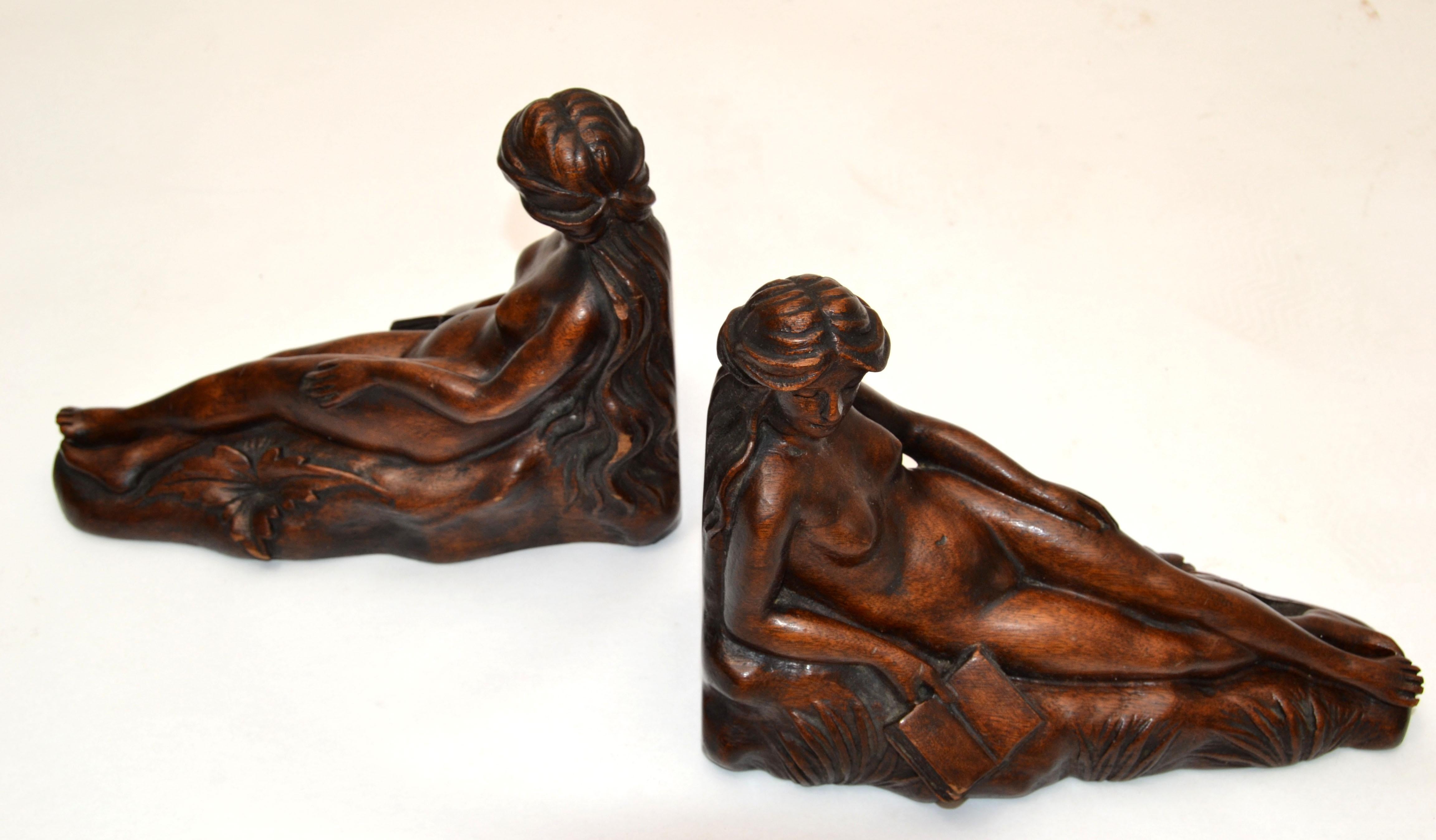 American Art Nouveau Hand Carved Oak Wood Bookends depicting Reading Female Nude 1940