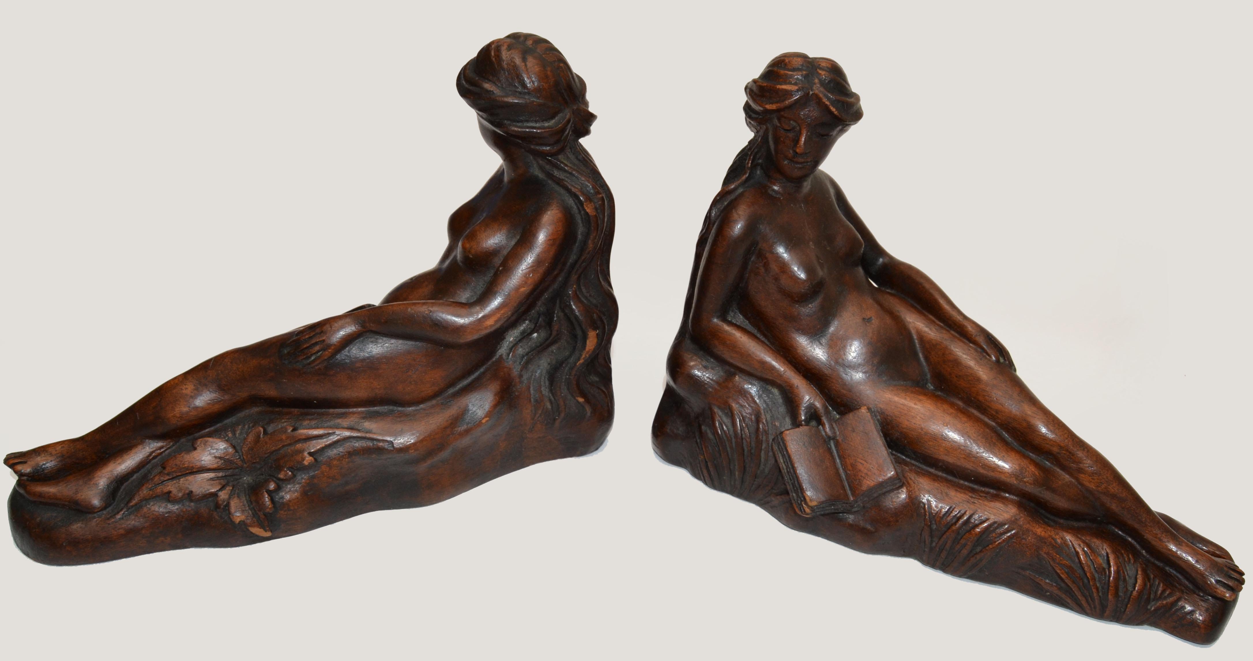 Hand-Carved Art Nouveau Hand Carved Oak Wood Bookends depicting Reading Female Nude 1940