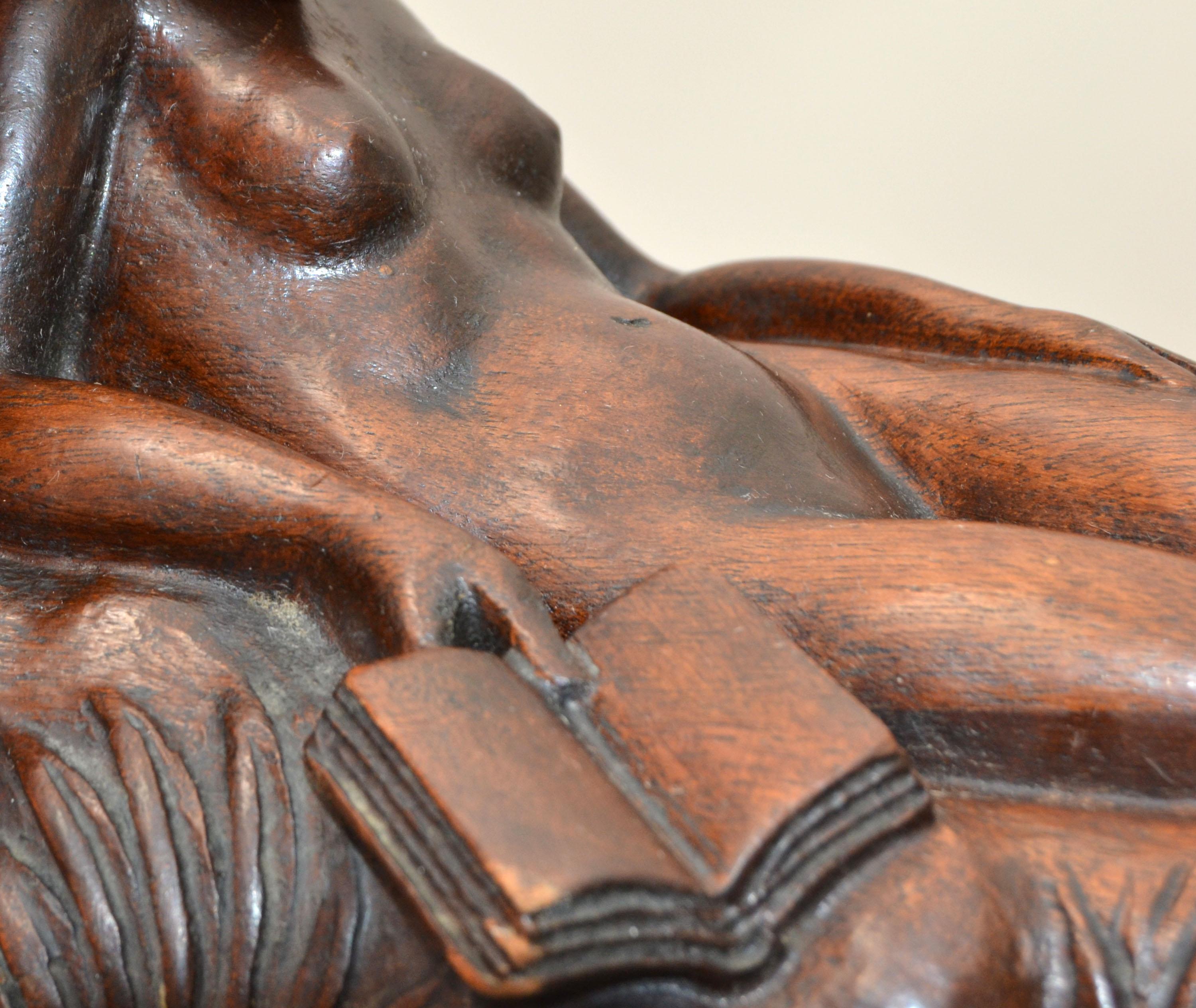 Mid-20th Century Art Nouveau Hand Carved Oak Wood Bookends depicting Reading Female Nude 1940