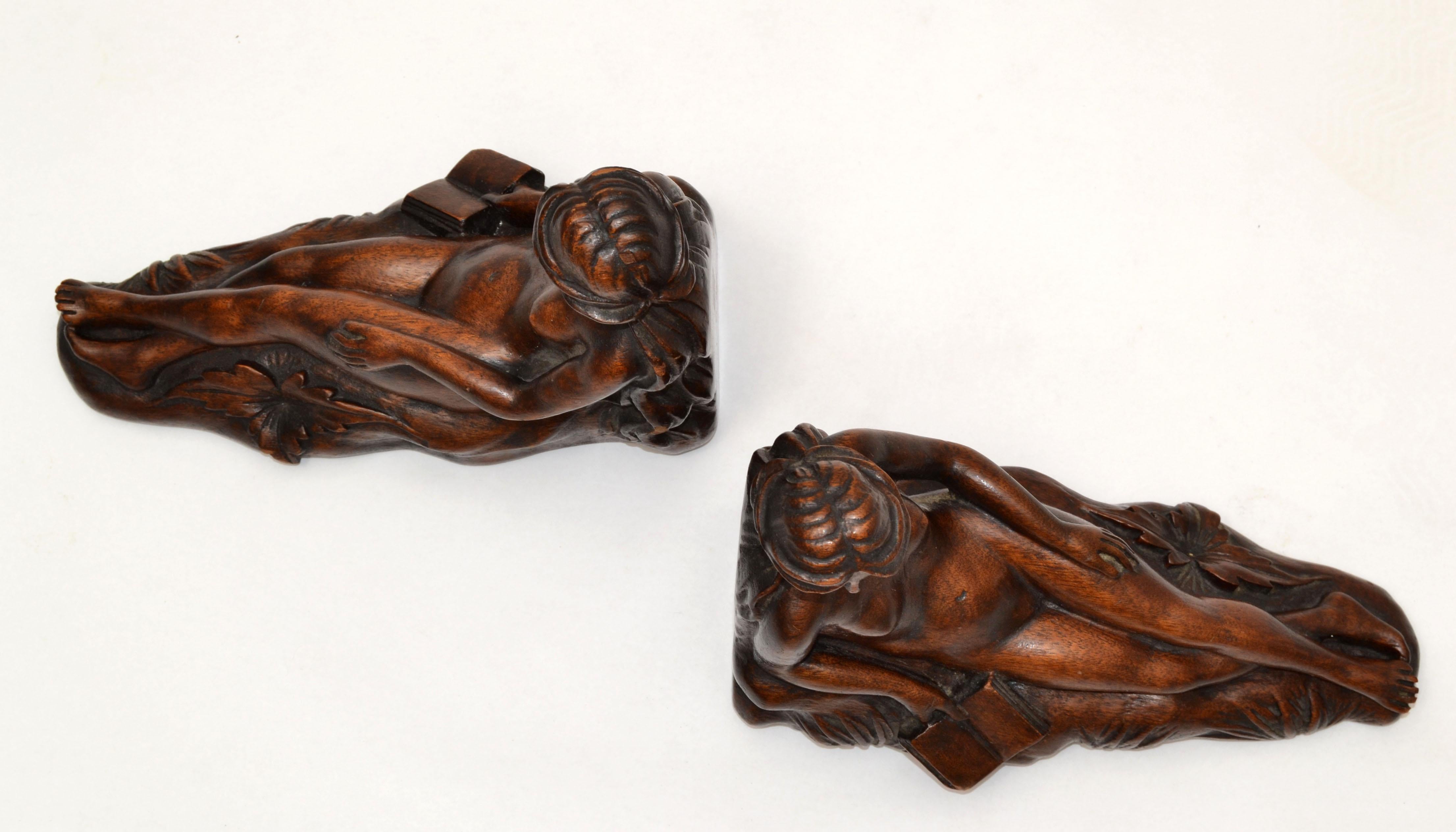 Art Nouveau Hand Carved Oak Wood Bookends depicting Reading Female Nude 1940 1