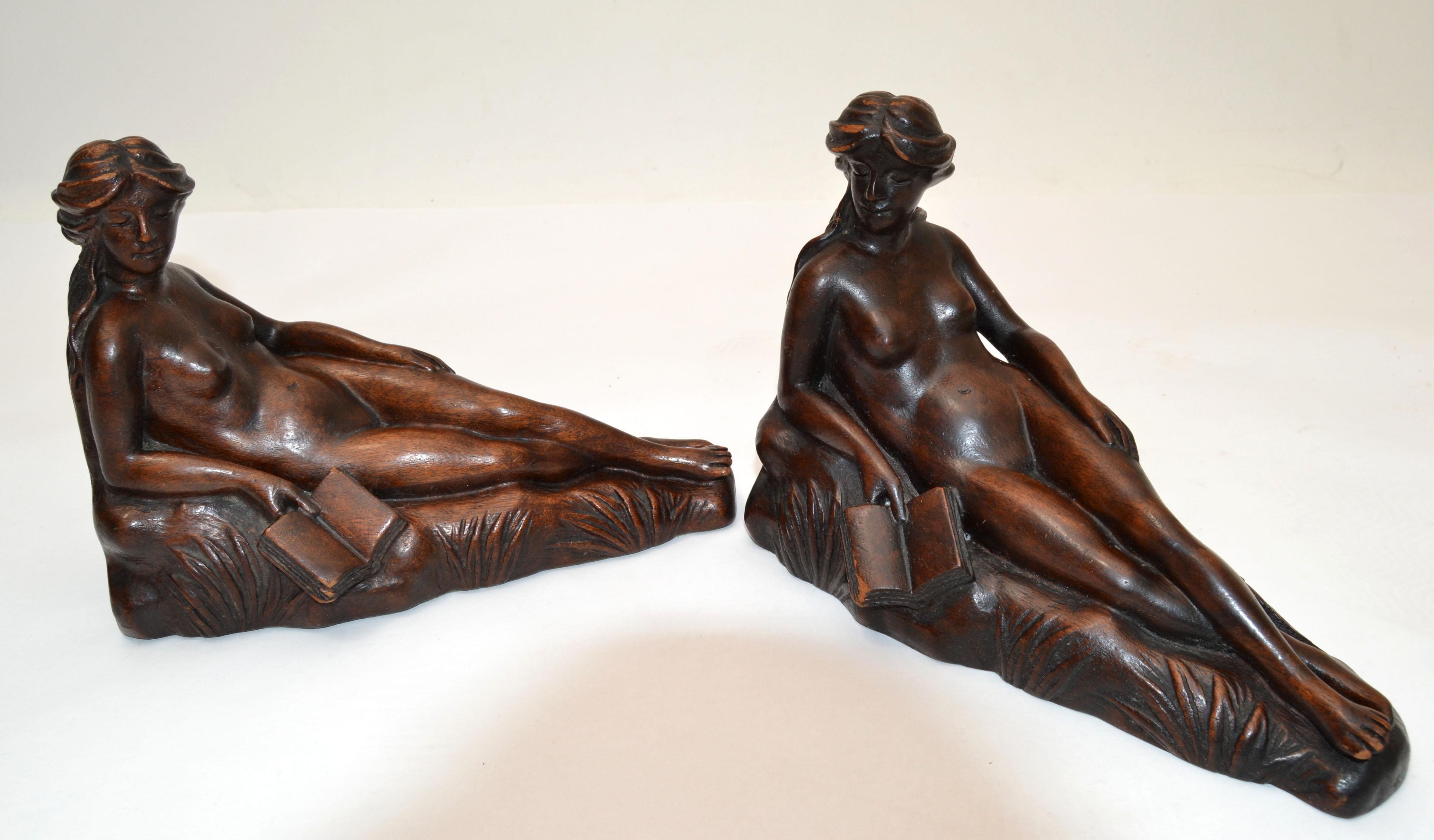 Art Nouveau Hand Carved Oak Wood Bookends depicting Reading Female Nude 1940 2