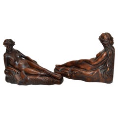 Art Nouveau Hand Carved Oak Wood Bookends depicting Reading Female Nude 1940