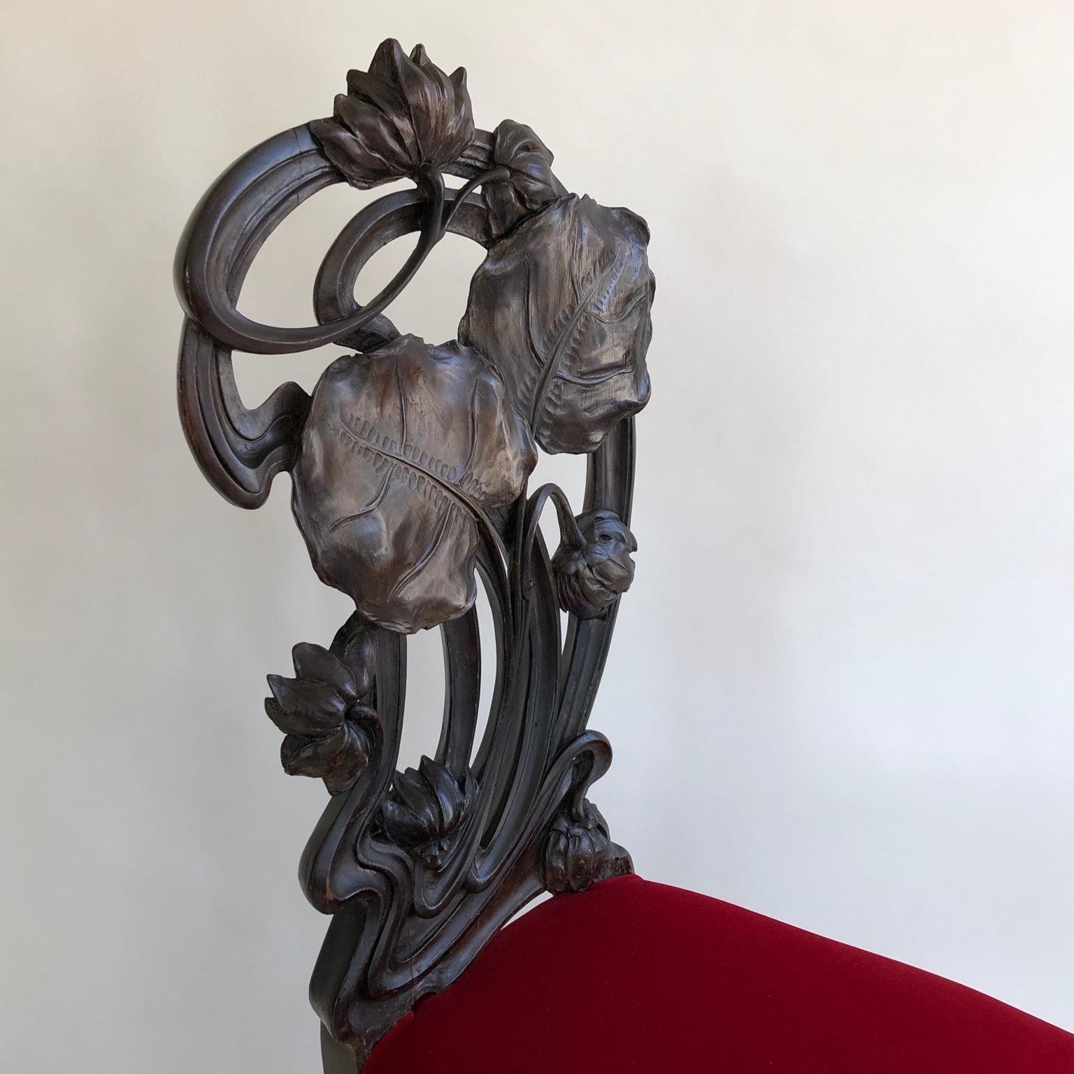 Hand-Carved Art Nouveau Hand Carved Wooden Hall Chair with a Red Velvet Seat, circa 1900