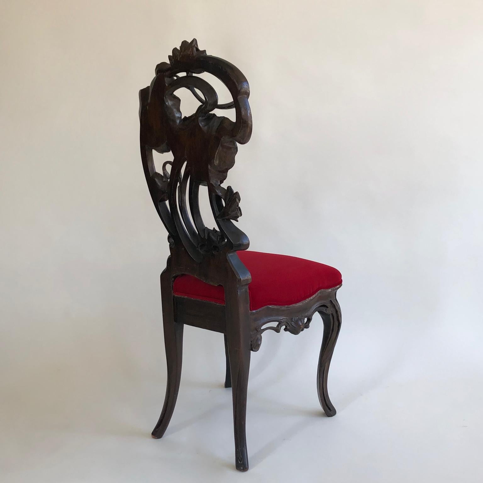 20th Century Art Nouveau Hand Carved Wooden Hall Chair with a Red Velvet Seat, circa 1900