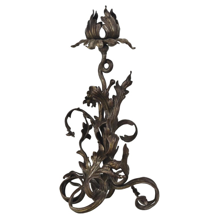Bougeoir Ancien En Bronze Art Nouveau - Motif Fleurs Et Feuilles - France