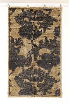 Art Nouveau Hand-Knotted Wool and Silk Floral Rug in Gold and Charcoal, 3x5
