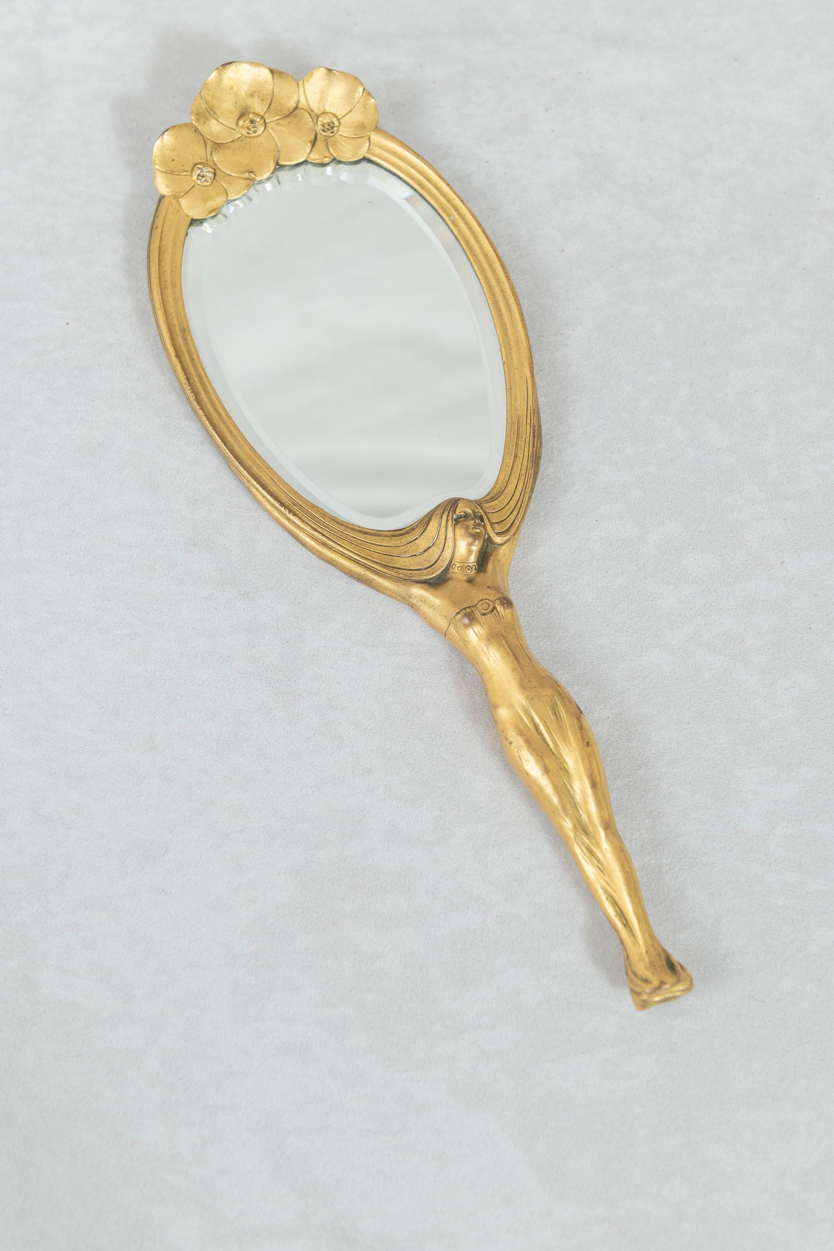 French Art Nouveau Hand Mirror, Gilt Bronze, Artist Signed Karl Bergline, circa 1900