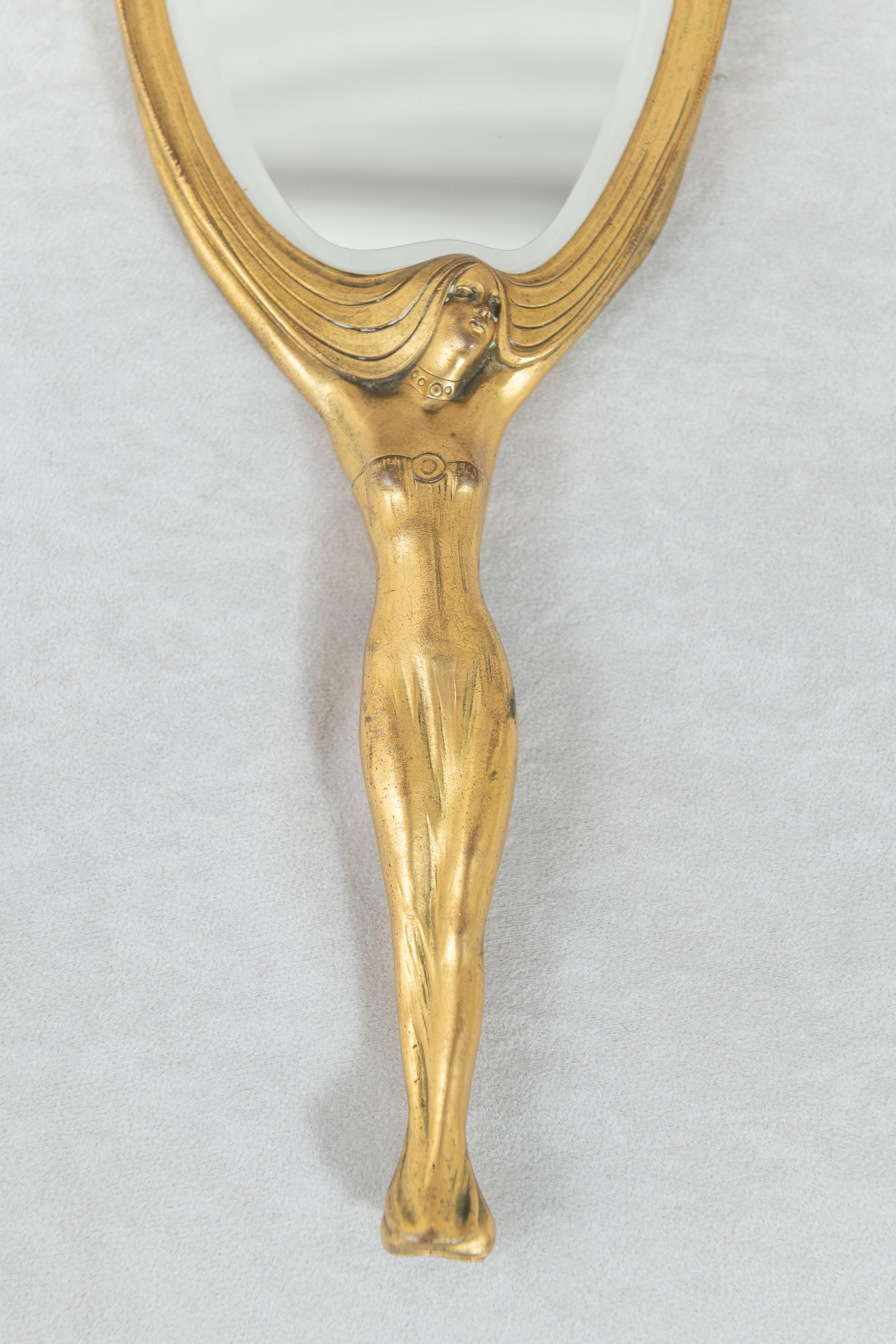 20th Century Art Nouveau Hand Mirror, Gilt Bronze, Artist Signed Karl Bergline, circa 1900