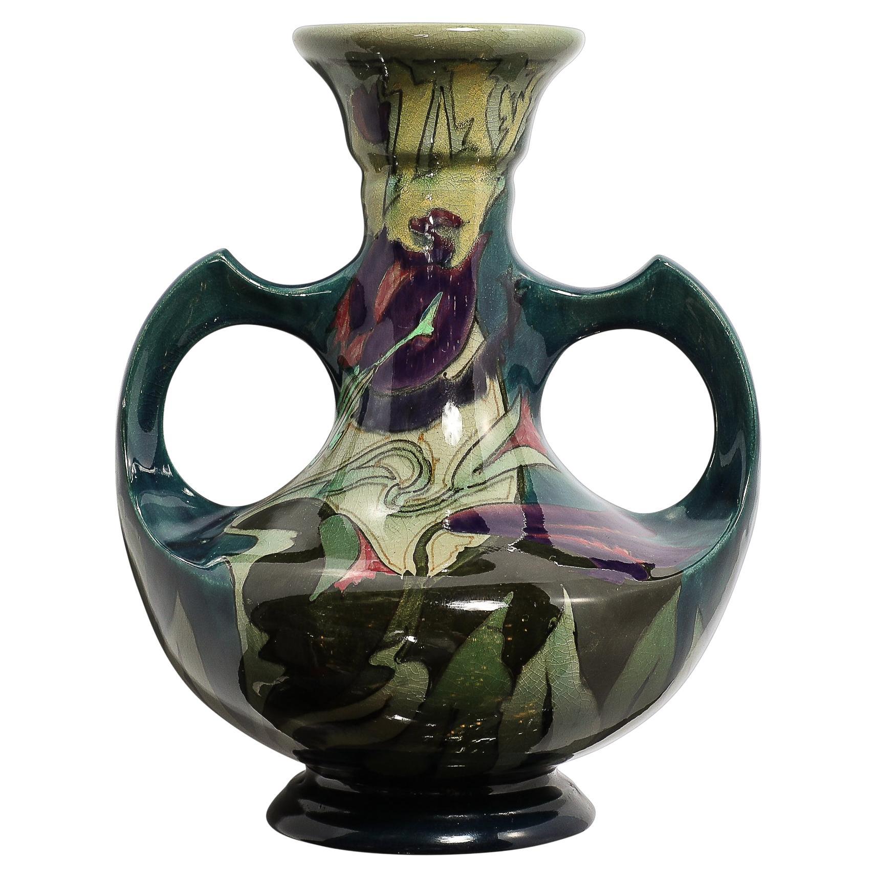 Art Nouveau Hand-Painted Ceramic Vase Signed Gouda