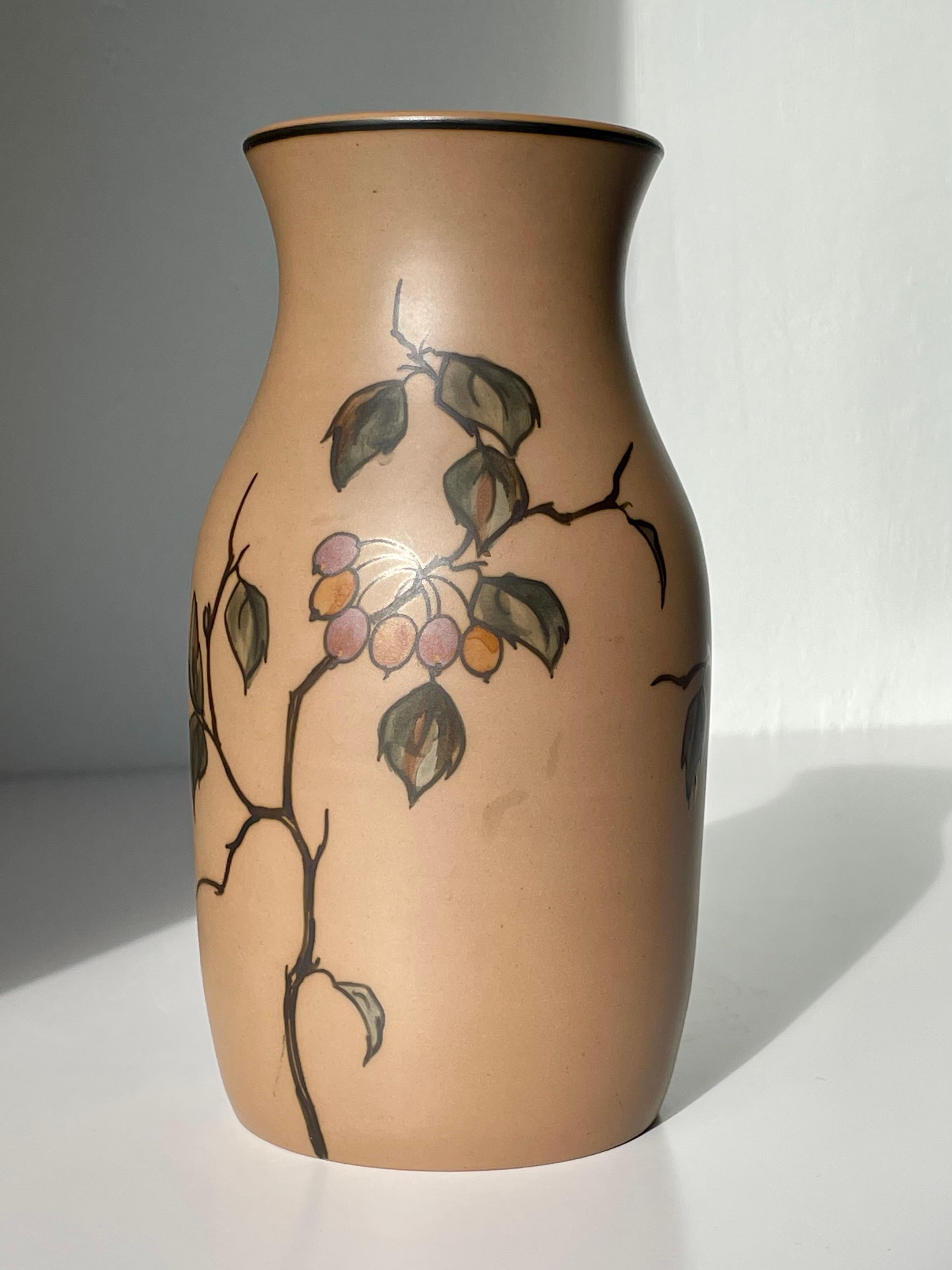 Terracotta Hjorth Danish Art Nouveau Hand-Painted Vase, 1940s For Sale