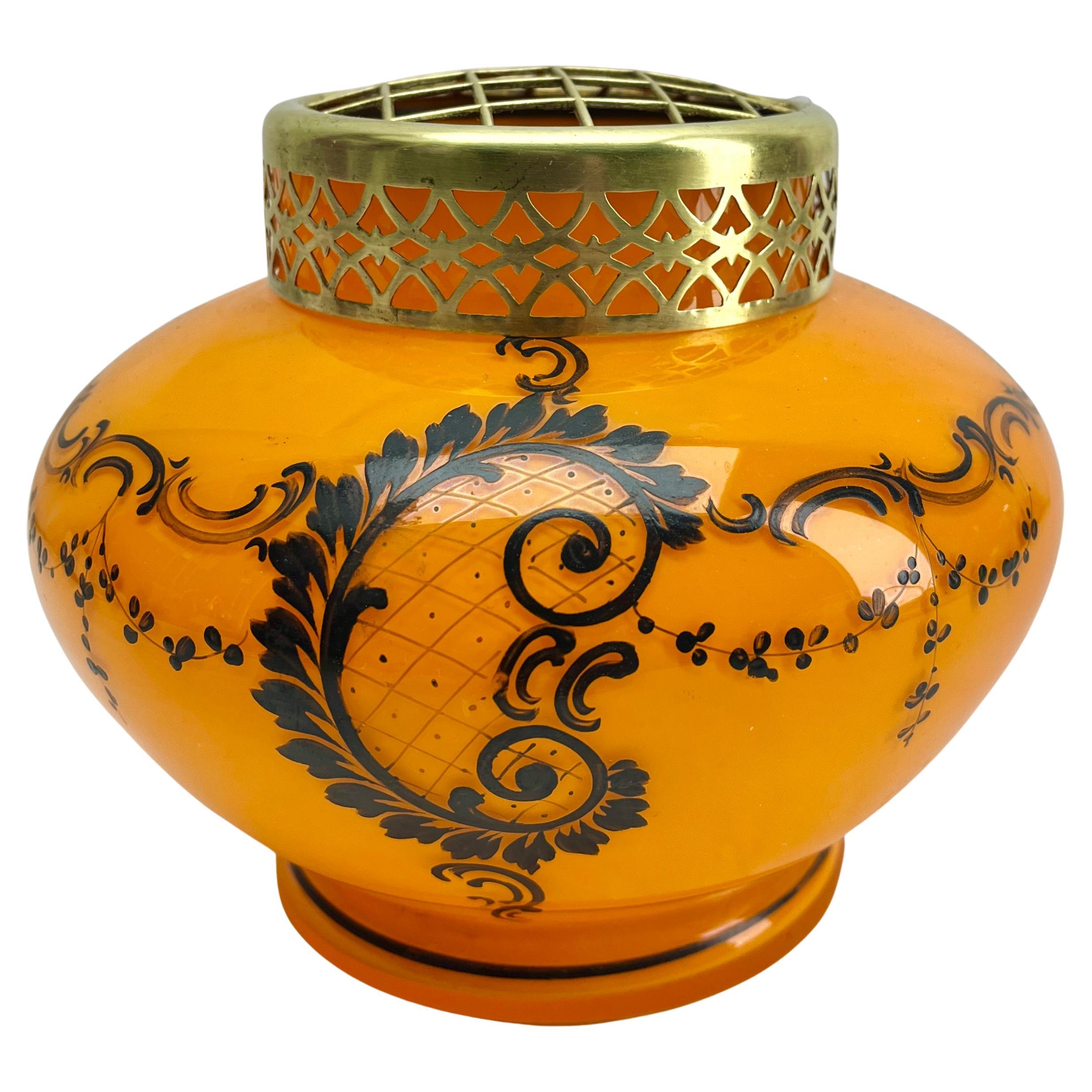 Art Nouveau Hand Painted glass Pique Fleurs' vase by Kralik' with Grille