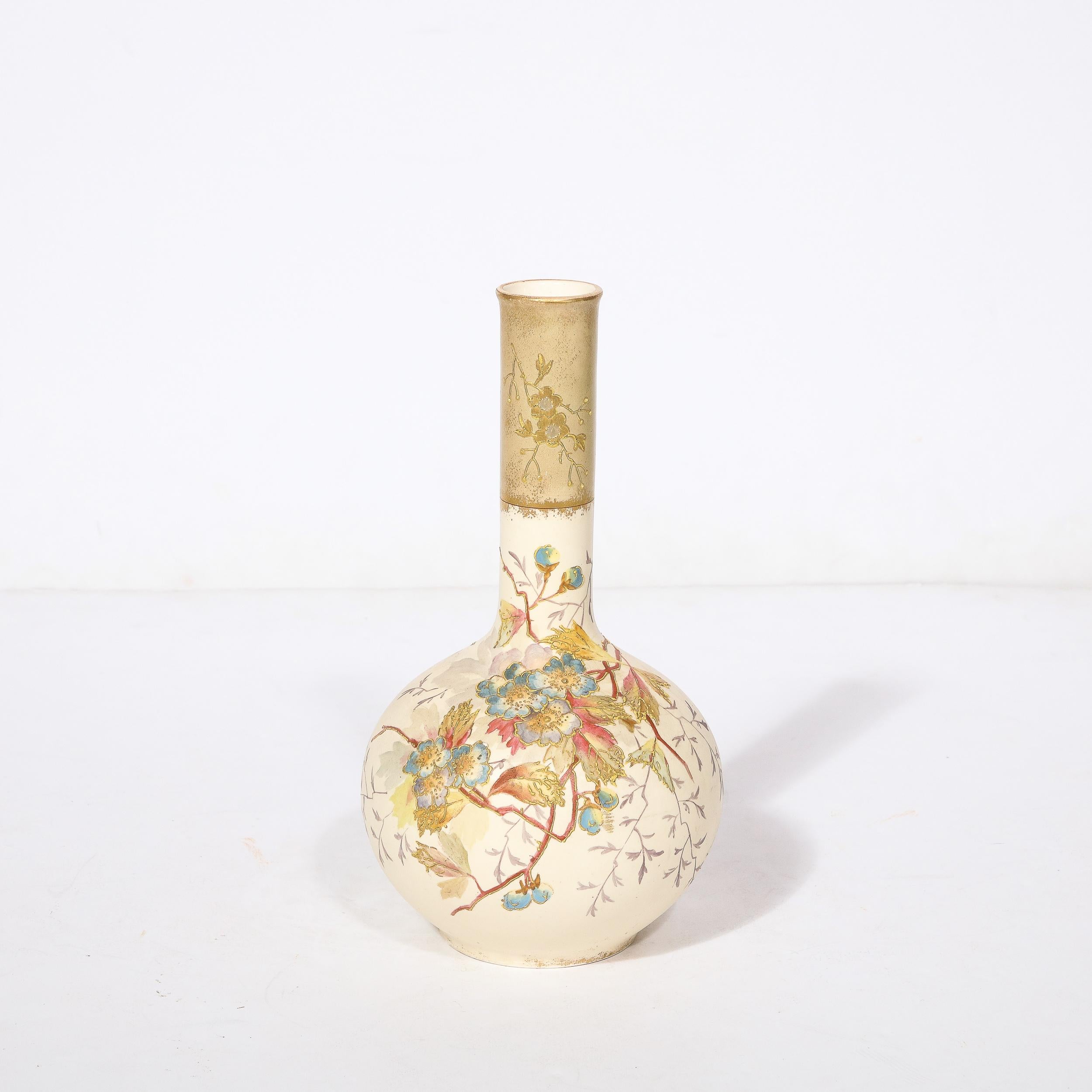 This elegant and well adorned Porcelain Bud Vase signed Royal Bonn by Franz Anton Mehlem originates from Germany, Circa 1900. Rendered in beautiful tones of bone white and gilded ceramic with lovely hand-painted naturalist motifs and detailing, this