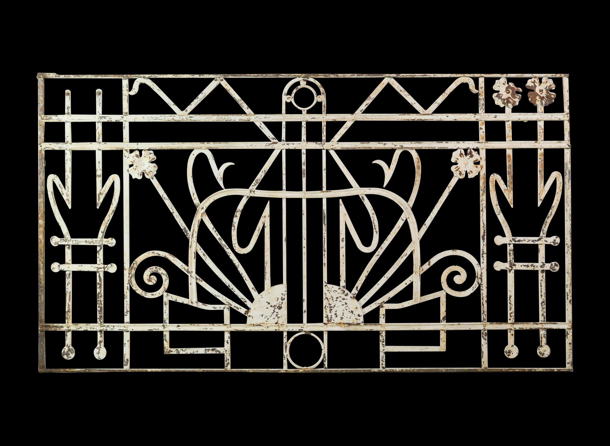 Antique early 20th Century Buenos Aires hand wrought iron Art Nouveau ornate gate paint. Please note, this is missing two of the six flower details. Please note, this item is located in our Los Angeles location.