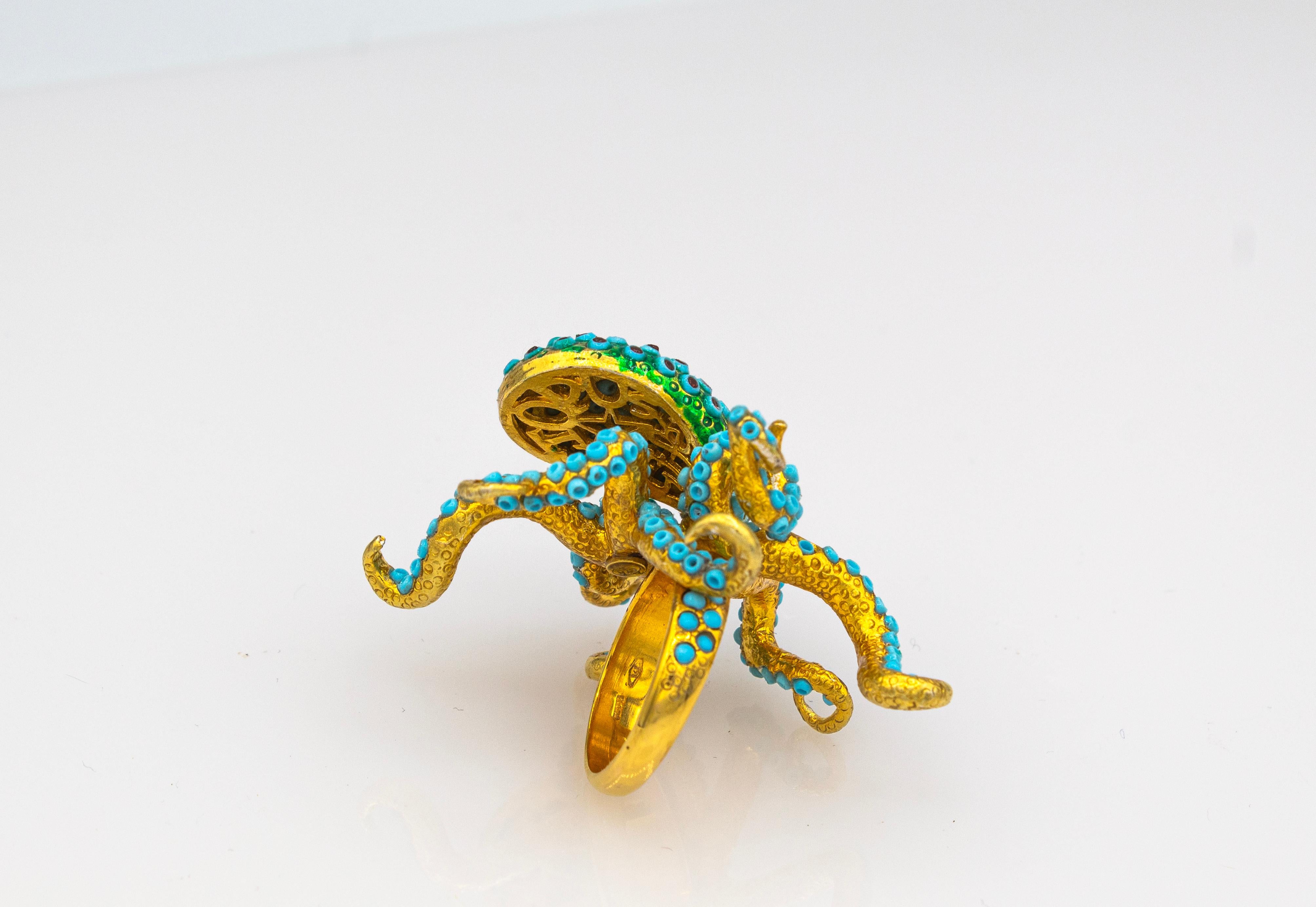 Art Nouveau Handcrafted Turquoise Emerald Yellow Gold 