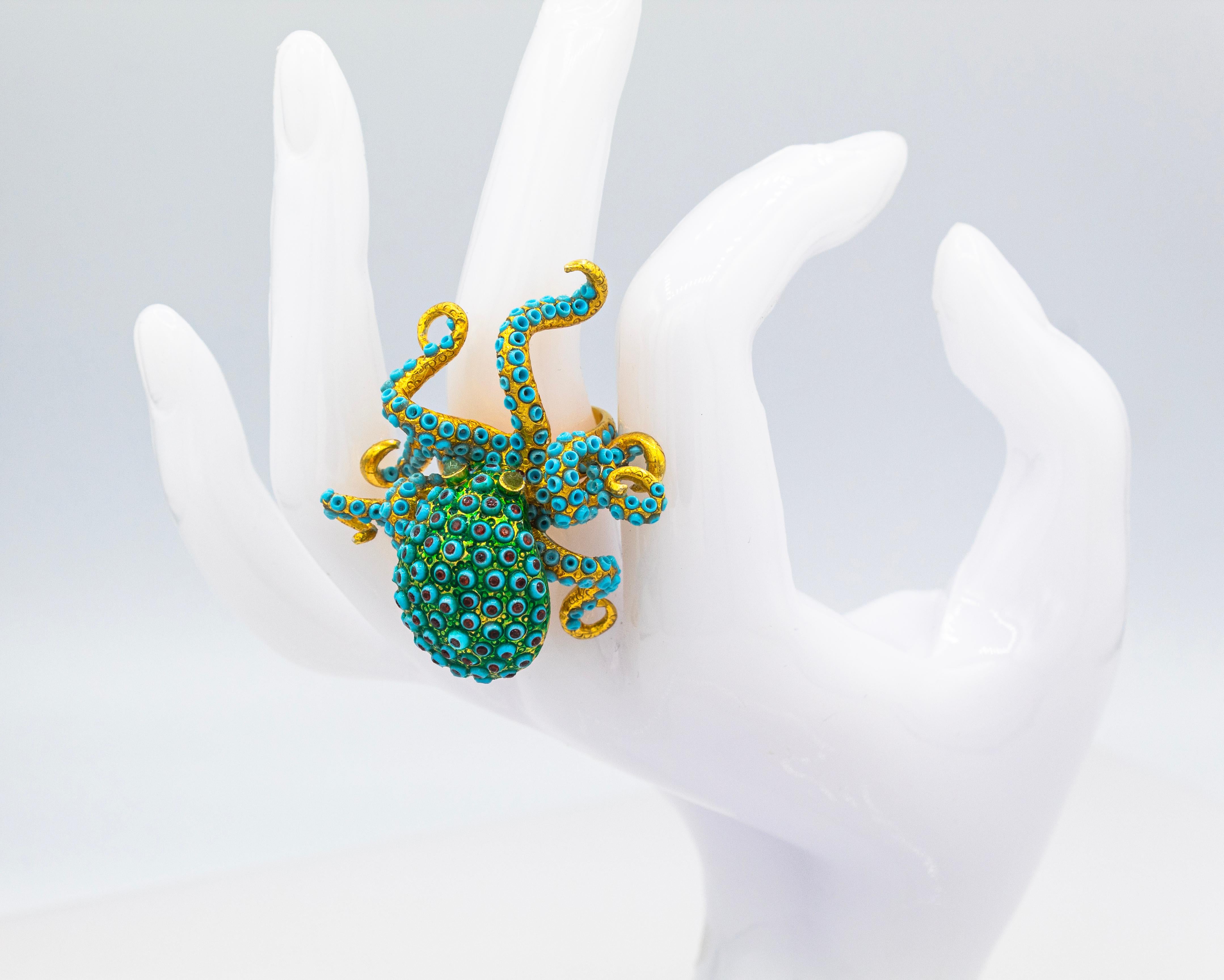 Art Nouveau Handcrafted Turquoise Emerald Yellow Gold 