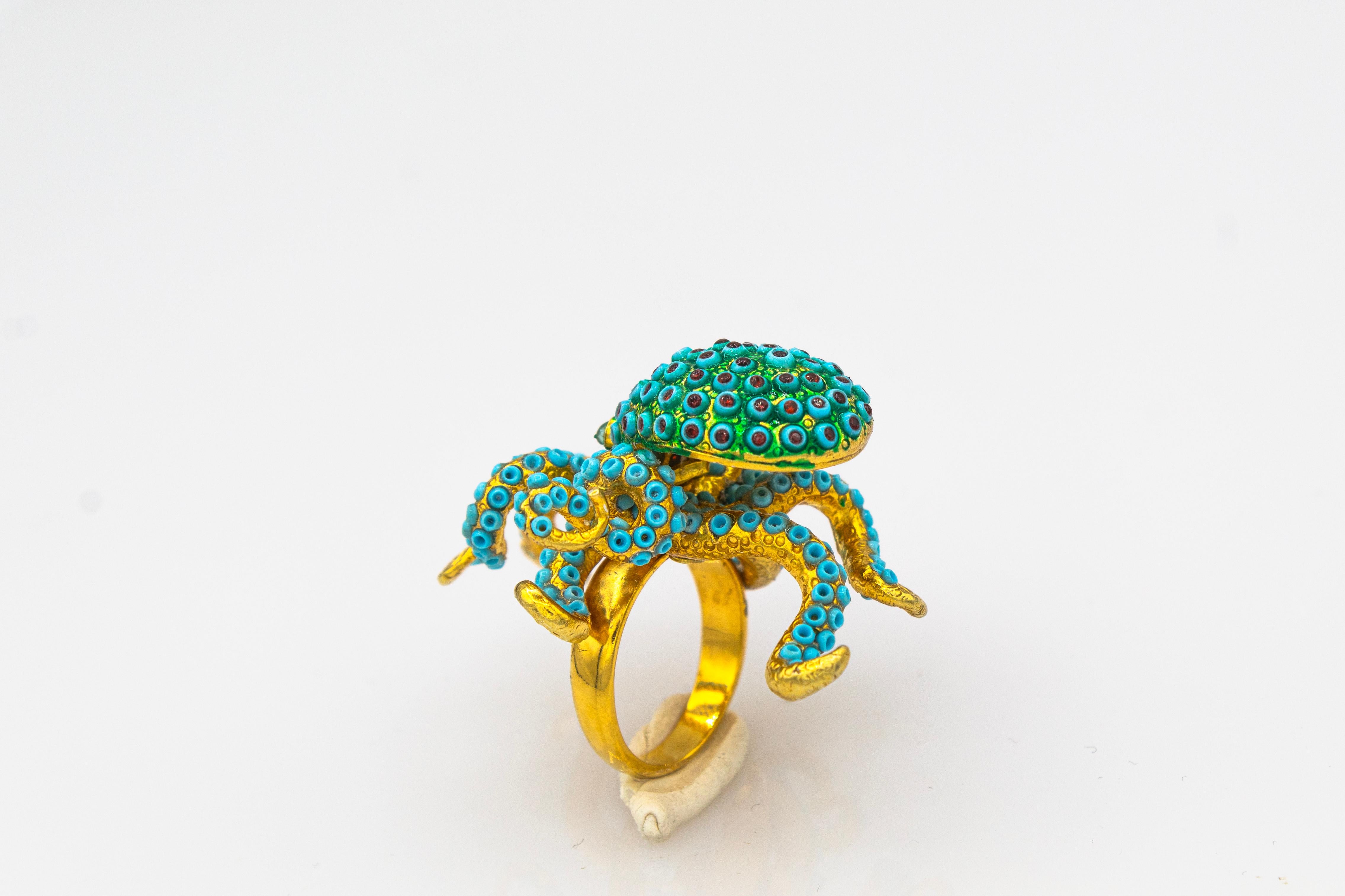 Art Nouveau Handcrafted Turquoise Emerald Yellow Gold 