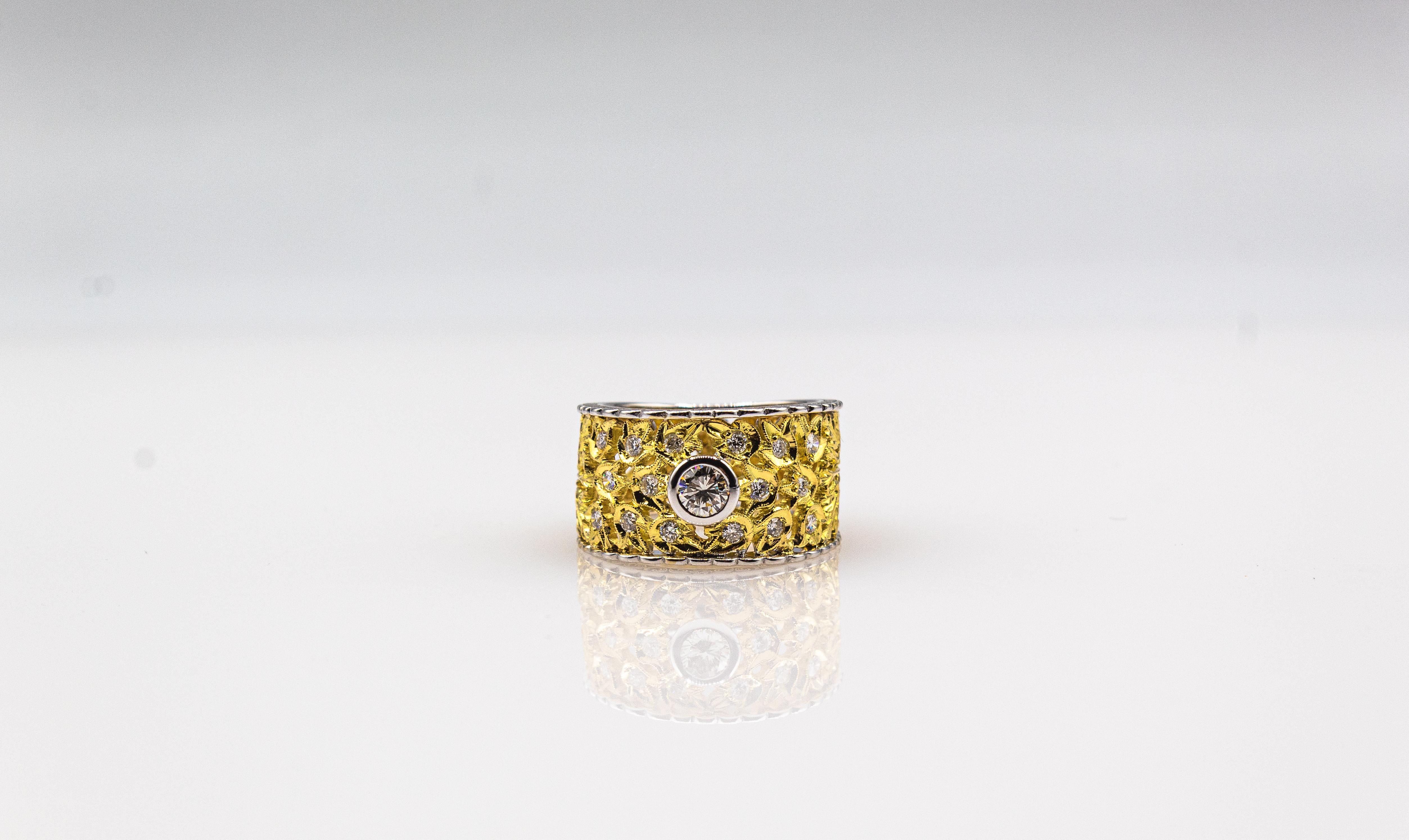 Art Nouveau Handcrafted White Brilliant Cut Diamond Yellow Gold Cocktail Ring 7