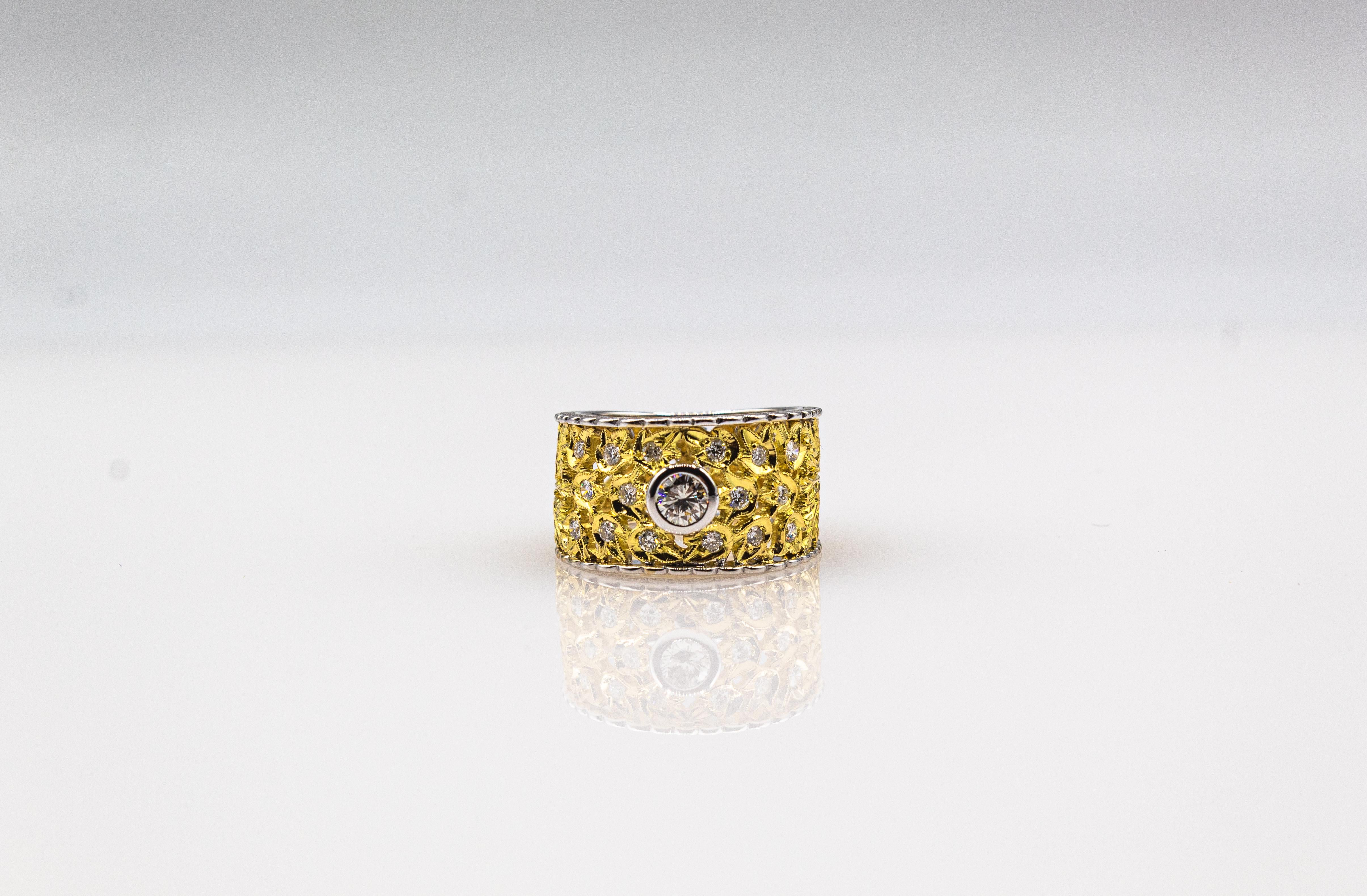 Art Nouveau Handcrafted White Brilliant Cut Diamond Yellow Gold Cocktail Ring 8