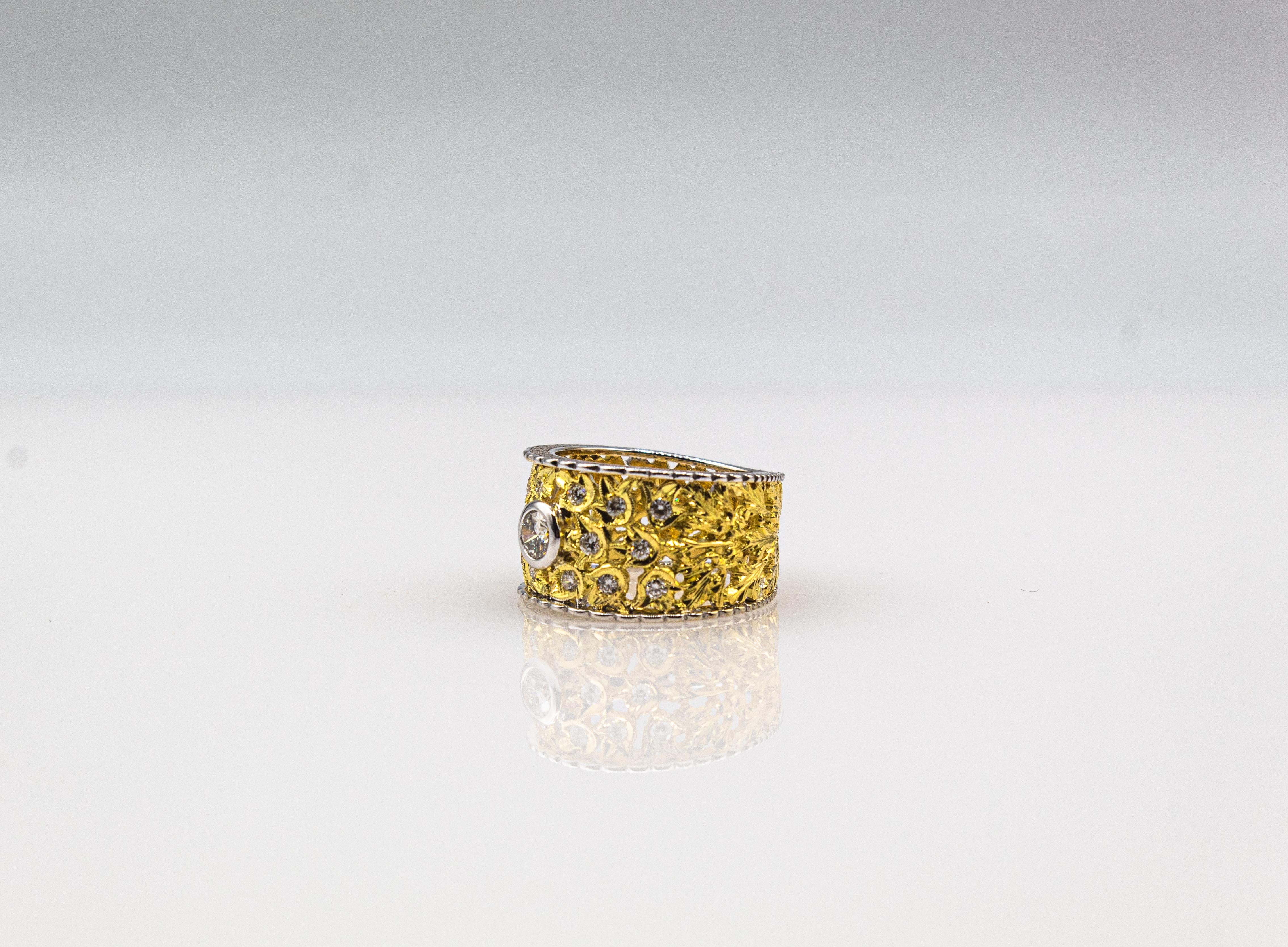 Art Nouveau Handcrafted White Brilliant Cut Diamond Yellow Gold Cocktail Ring 9