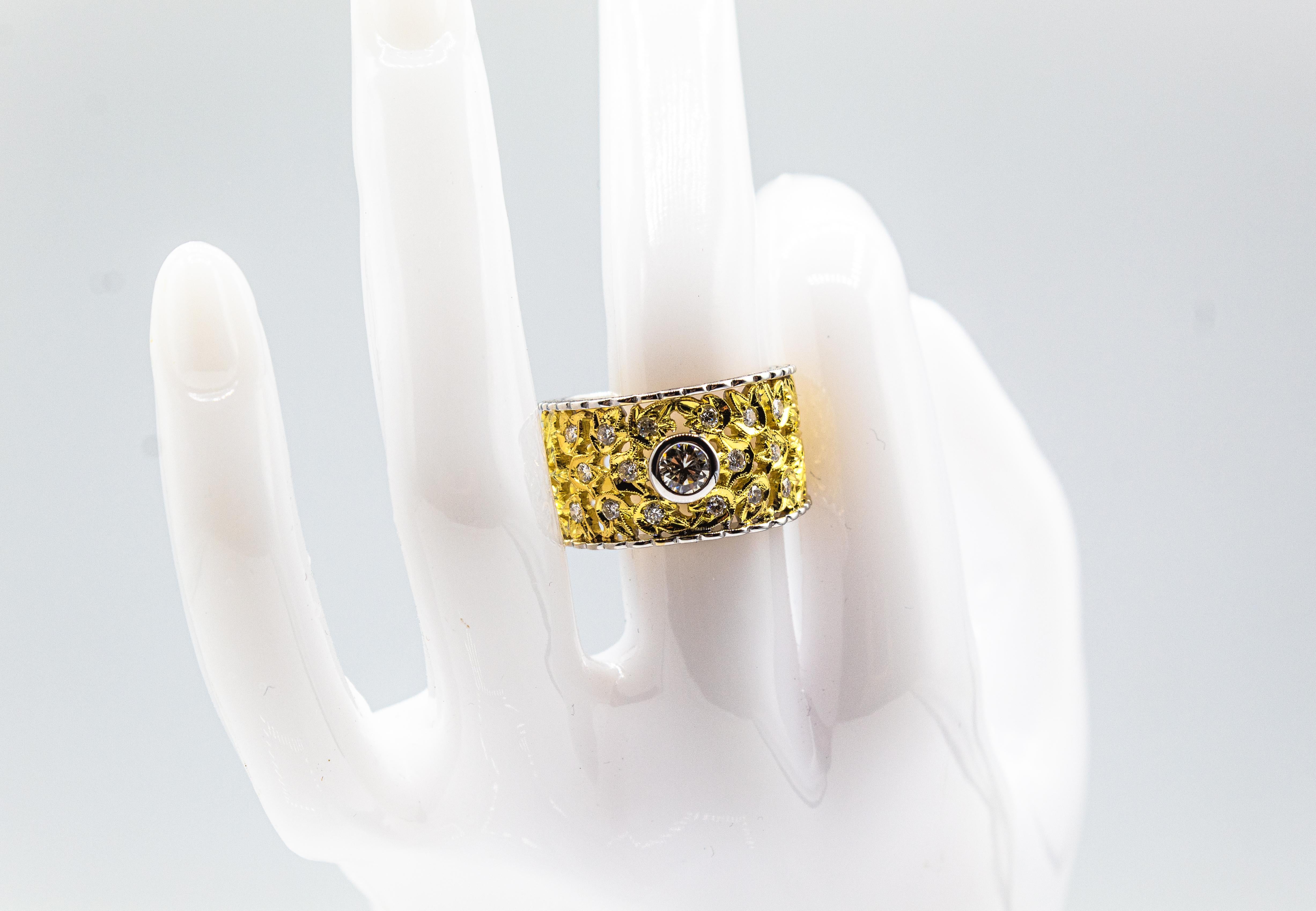 Art Nouveau Handcrafted White Brilliant Cut Diamond Yellow Gold Cocktail Ring 12