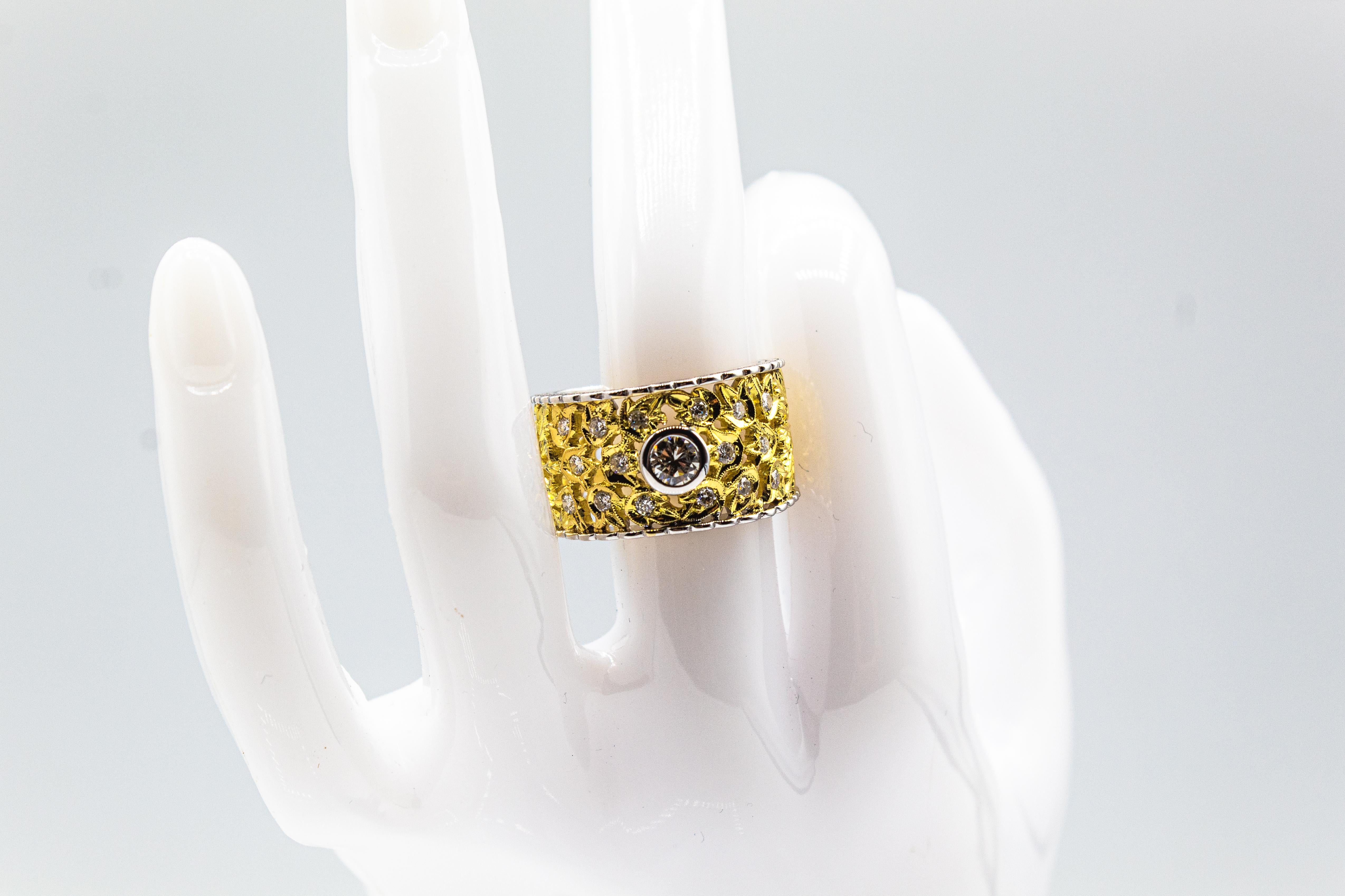 Art Nouveau Handcrafted White Brilliant Cut Diamond Yellow Gold Cocktail Ring 13