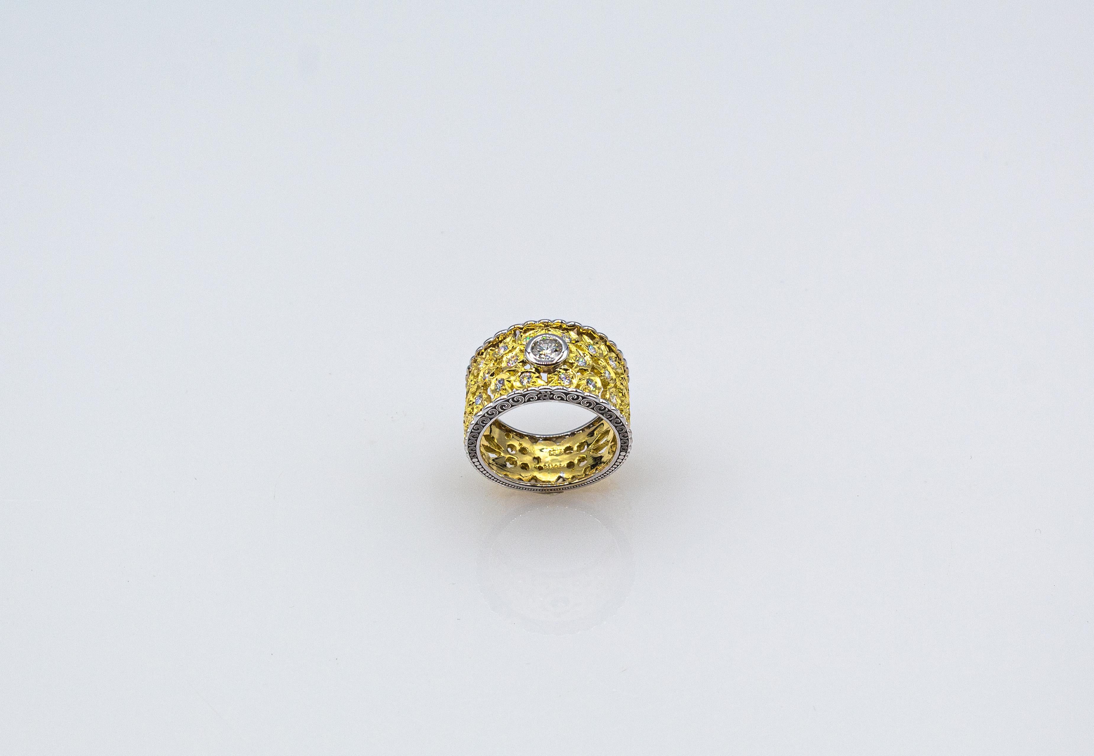 Art Nouveau Handcrafted White Brilliant Cut Diamond Yellow Gold Cocktail Ring In New Condition In Naples, IT