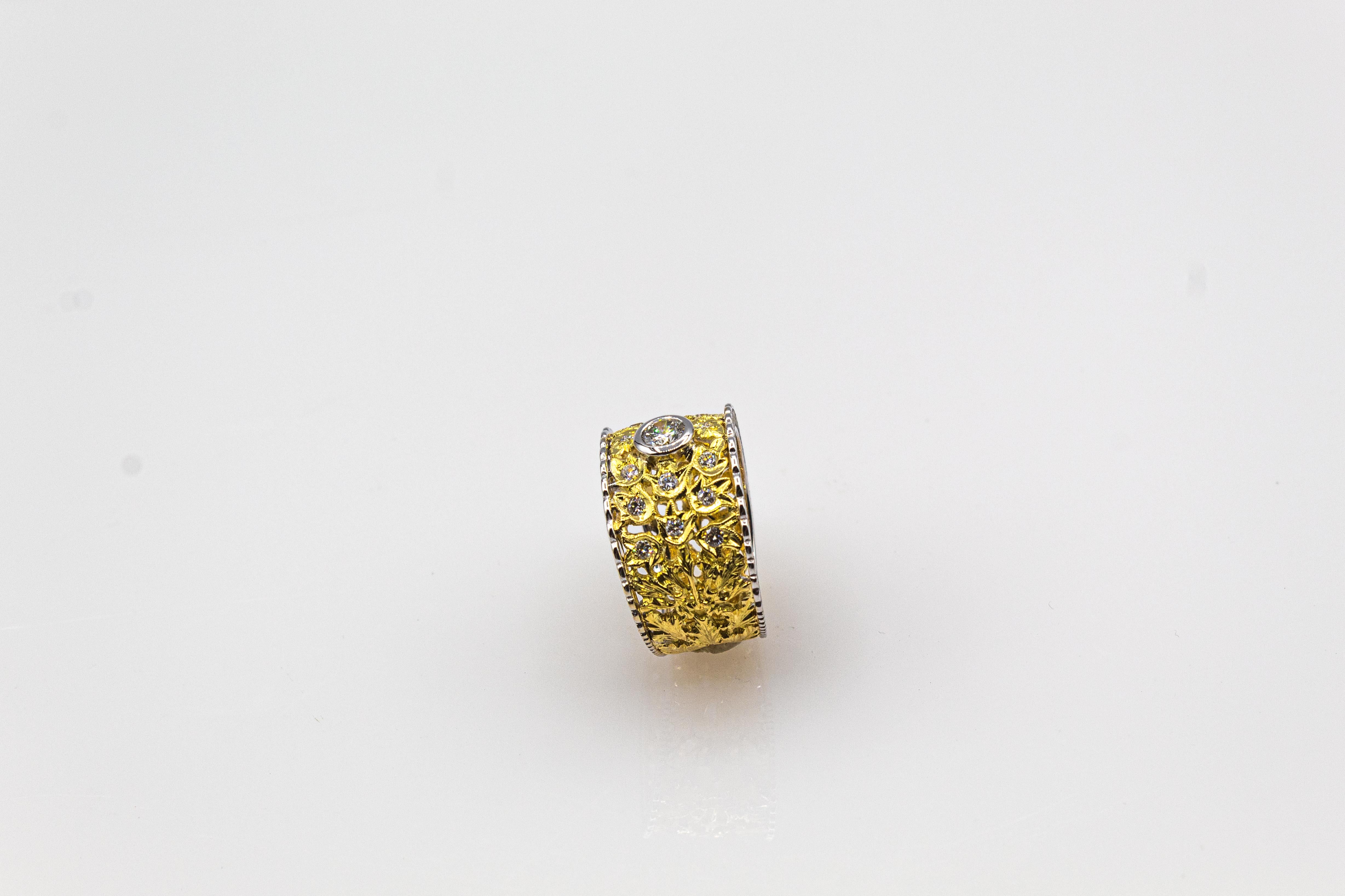 Art Nouveau Handcrafted White Brilliant Cut Diamond Yellow Gold Cocktail Ring 5
