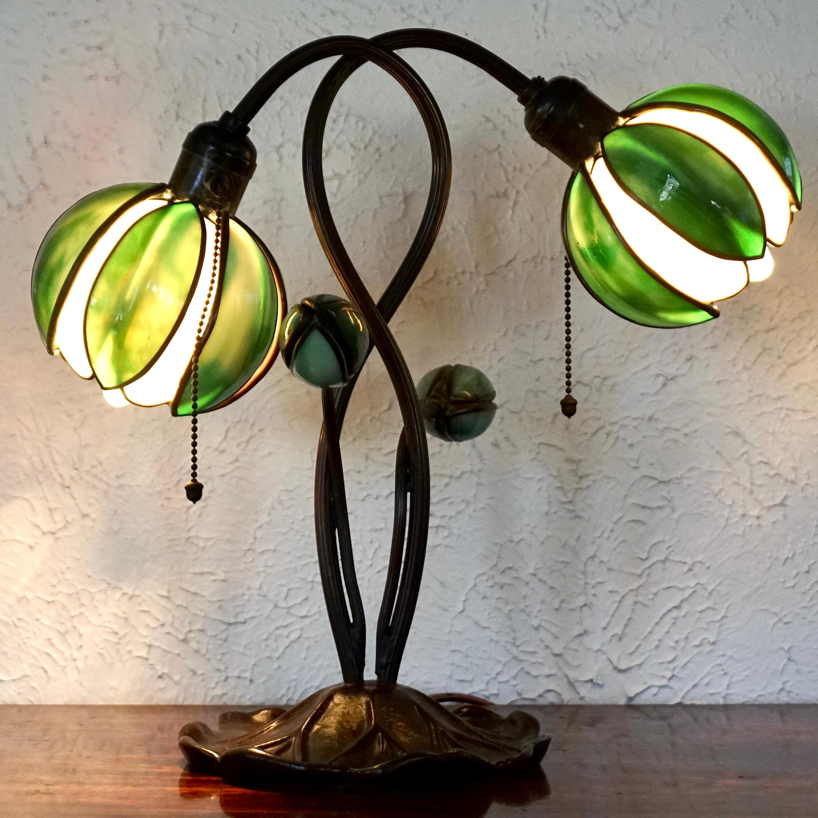 Art nouveau Handel Two Light Lily Desk Lamp 2