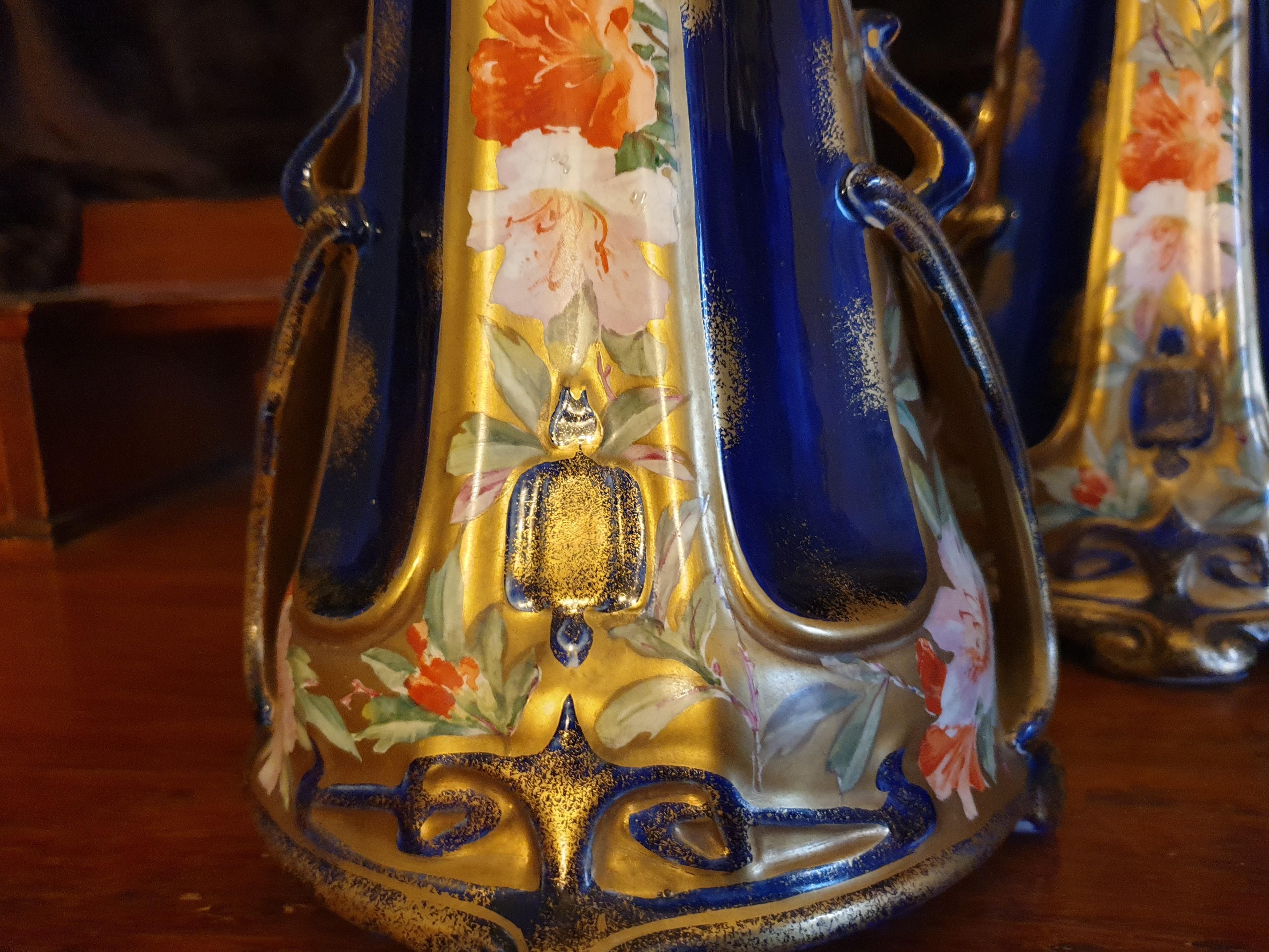 Porcelain English Art Nouveau 19th Century Hand Painted Floral Pierced Gilded Vases  For Sale