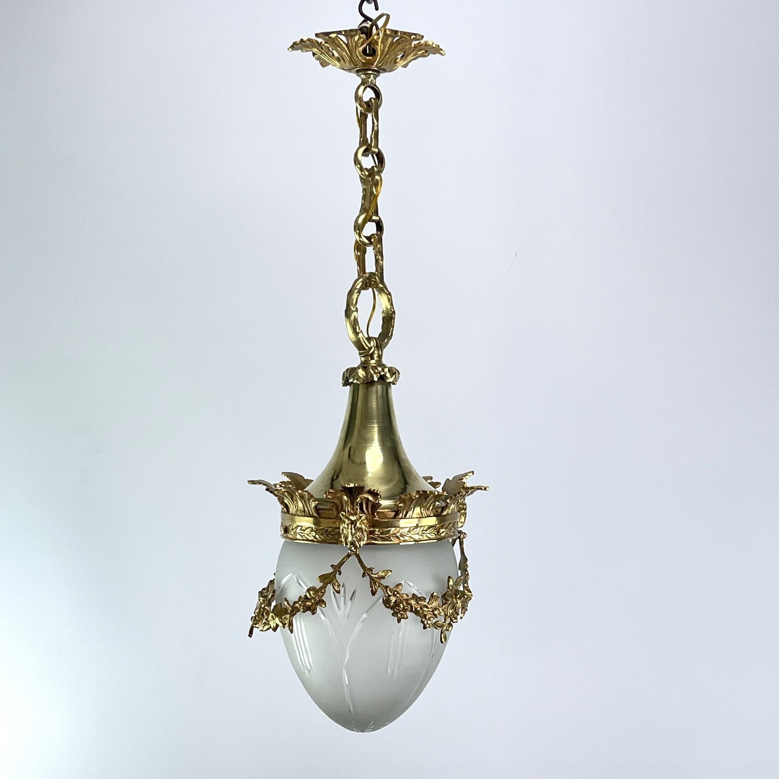 French Art Nouveau Hanging Lamp Bronze, Teardrop Shape, 1900s