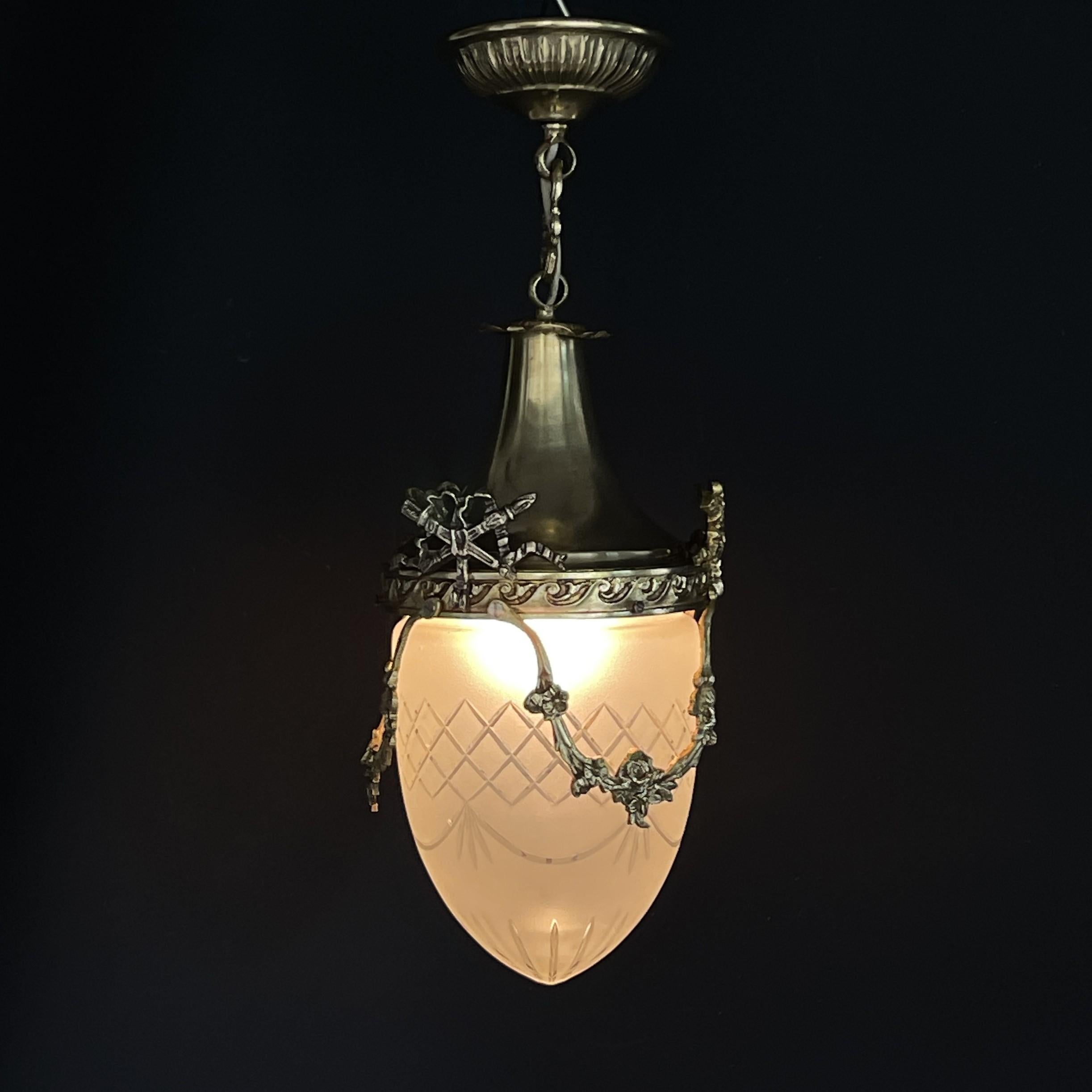Brass Art Nouveau Hanging Lamp Bronze, Teardrop Shape, 1900s For Sale